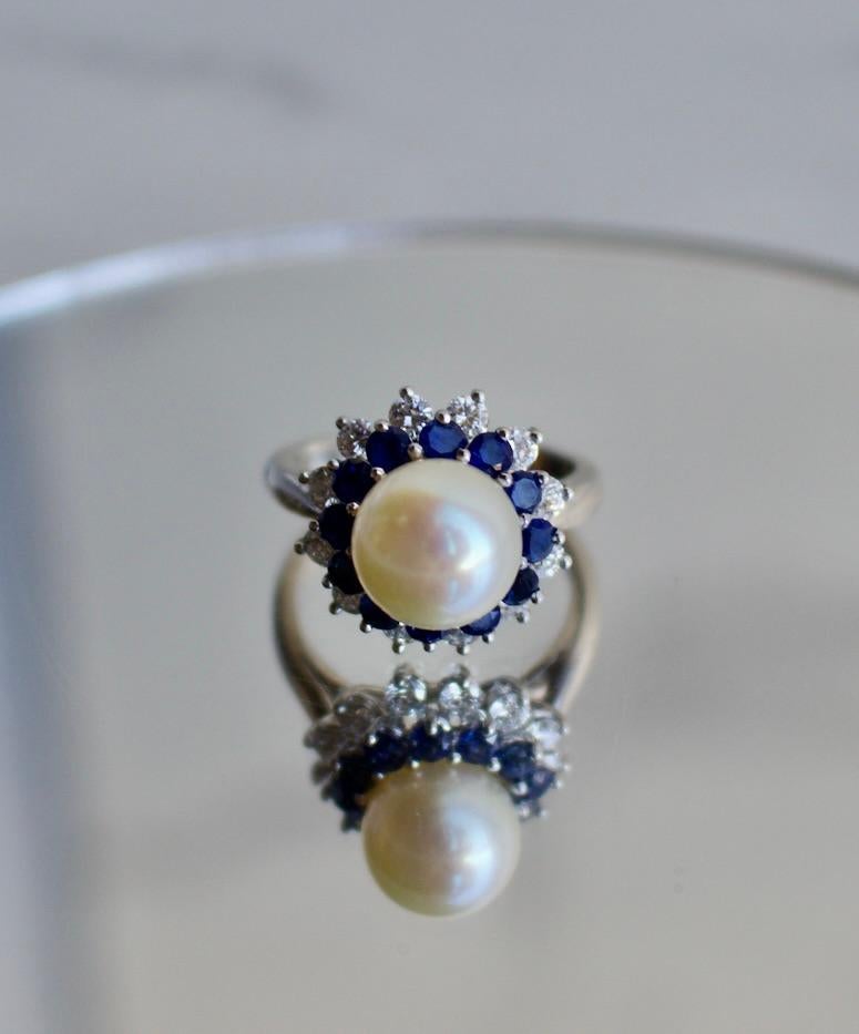 Mid Century Tiffany & Co. Pearl, Sapphire, and Diamond Platinum Ring 1