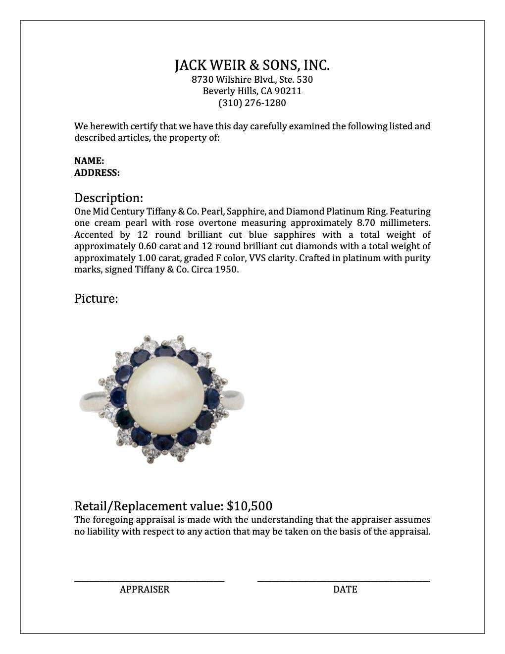 Mid Century Tiffany & Co. Pearl, Sapphire, and Diamond Platinum Ring 2