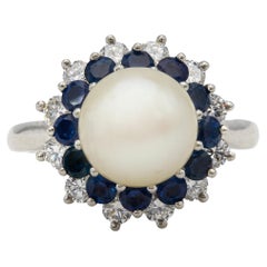 Mid Century Tiffany & Co. Pearl, Sapphire, and Diamond Platinum Ring