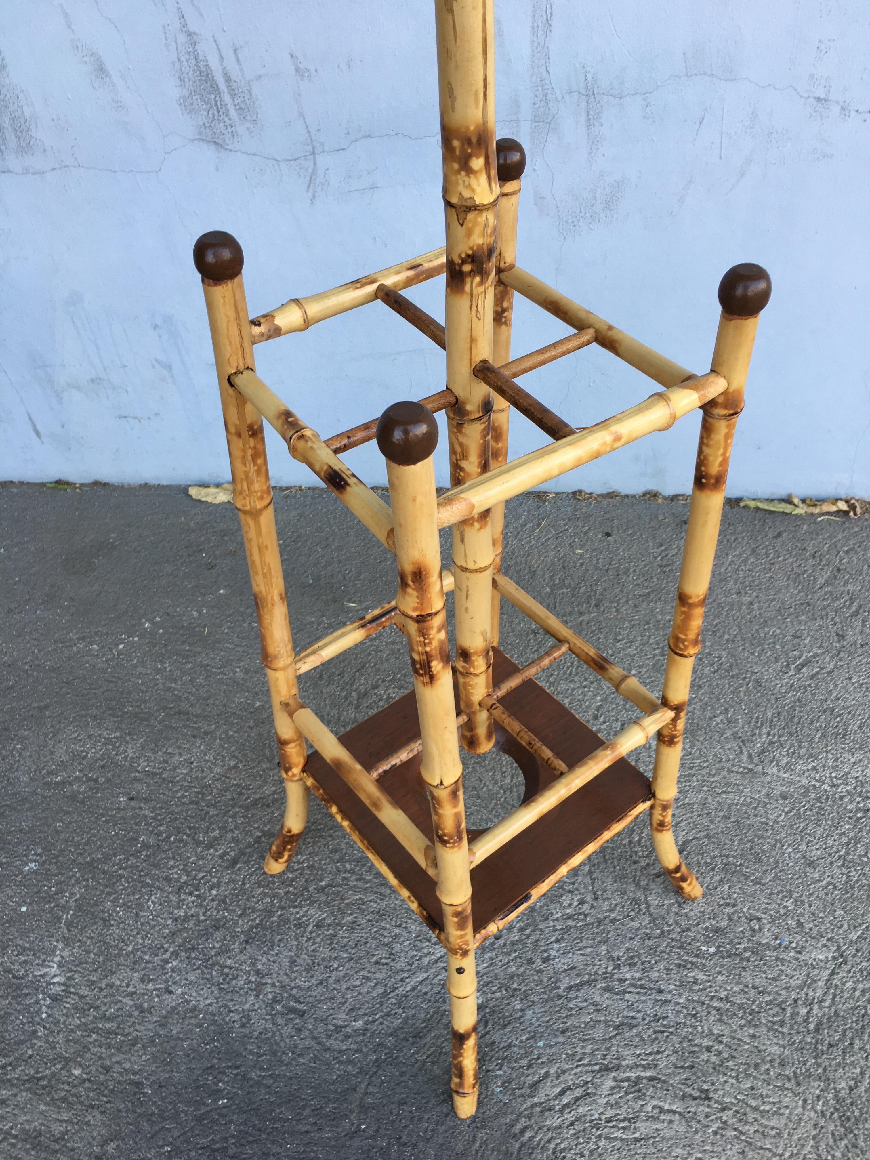 American Midcentury Tiger Bamboo Coat Rack with Umbrella Stand