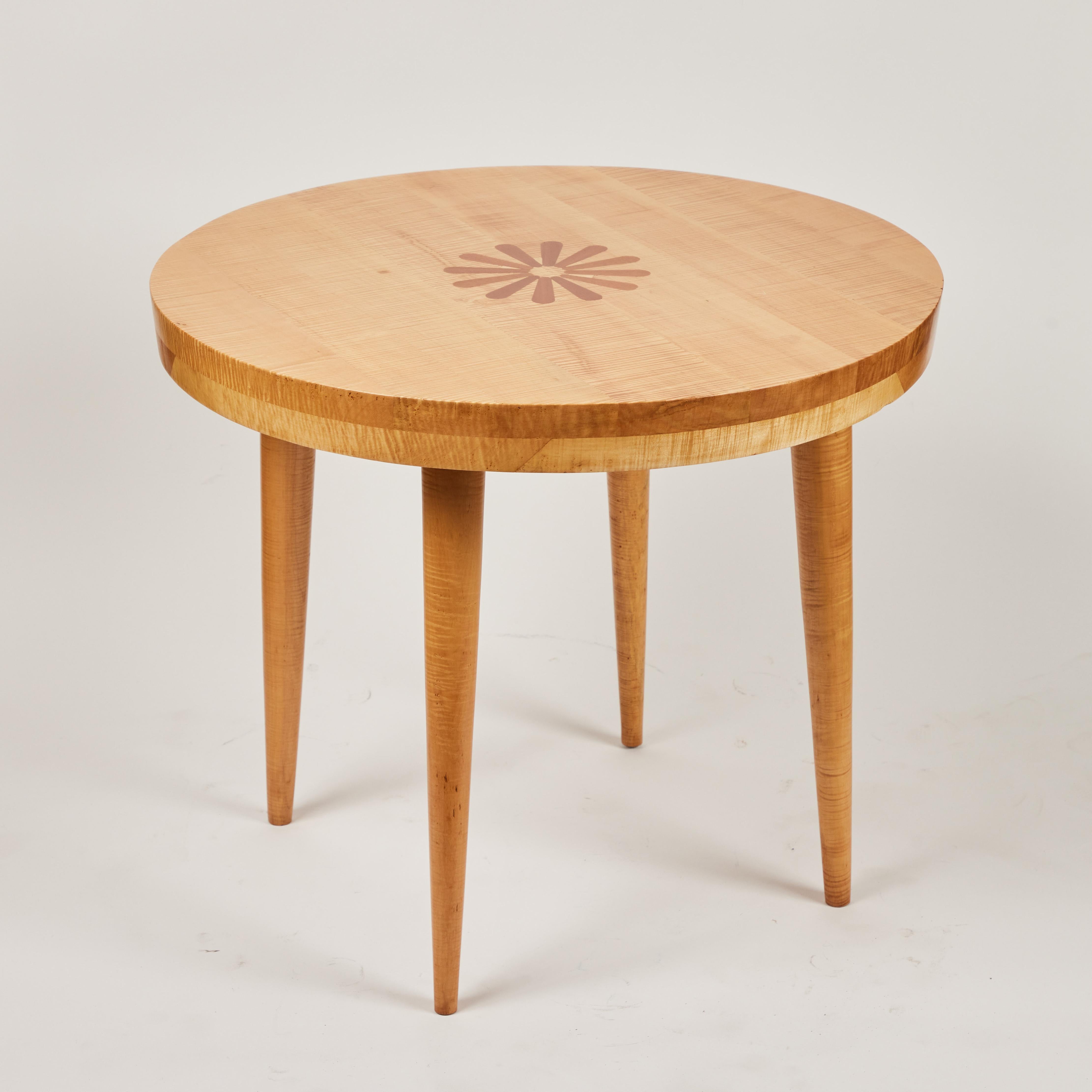 Midcentury Tiger Maple Round Side Table For Sale 2
