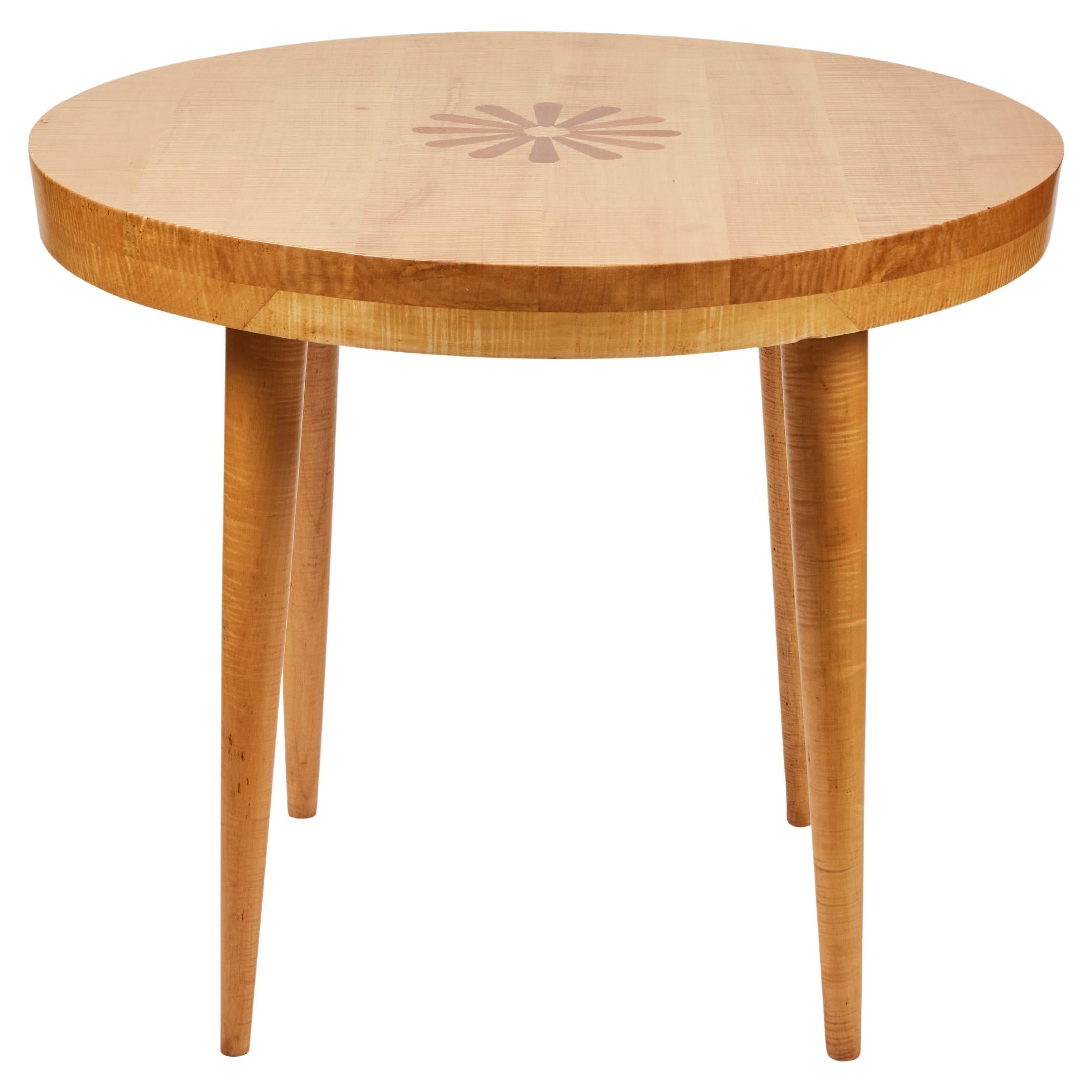 Midcentury Tiger Maple Round Side Table For Sale