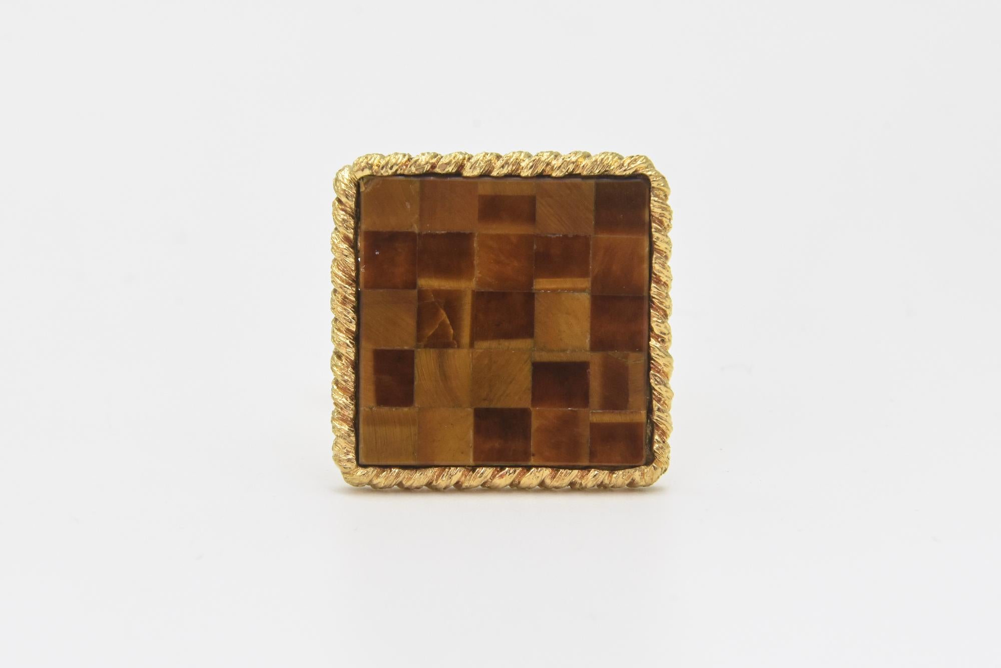 Mid-Century Tiger's Eye Square Gold Cufflinks For Sale 5