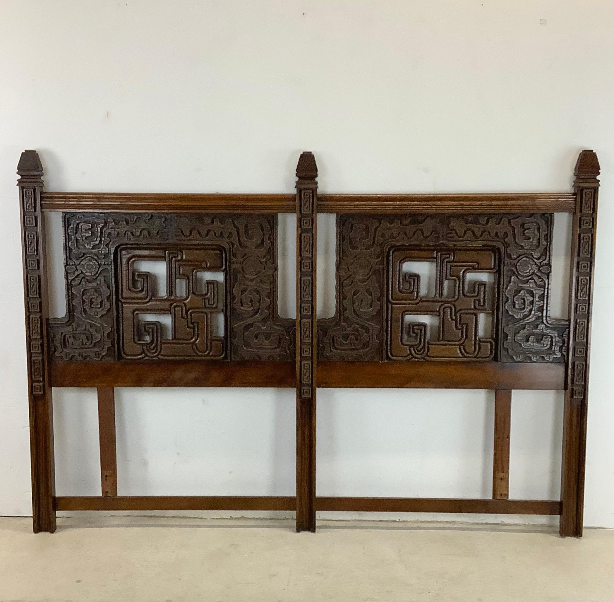 This Witco style brutalist headboard is designed to fit a standard 80 inch wide king size bed frame. The dark wood finish and heavy ornamental detail of this midcentury headboard make for a truly impressive bedroom centerpiece. The form and