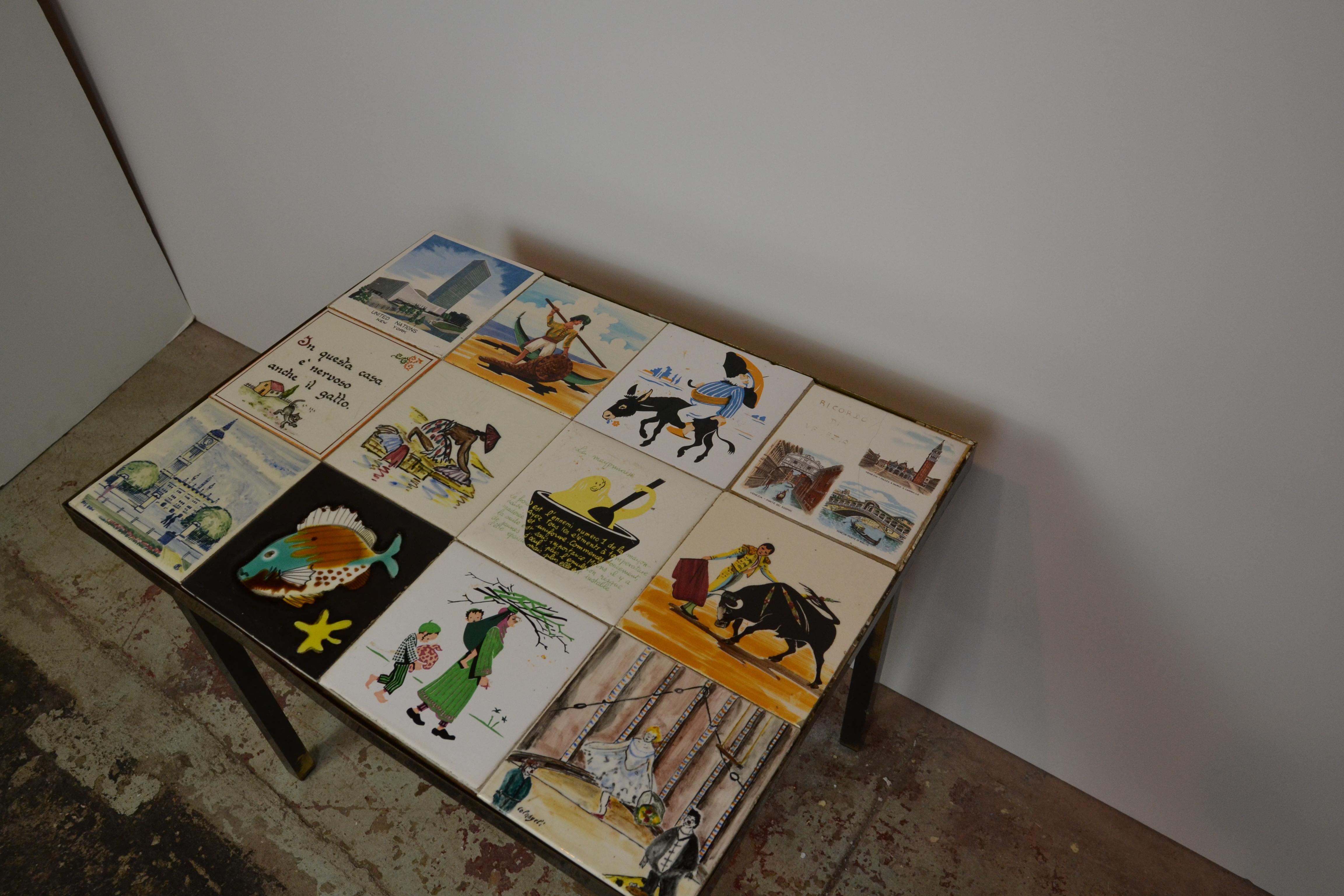 A midcentury tile-top table on an iron-leg base. The table features picture tiles with scenes from around the world.