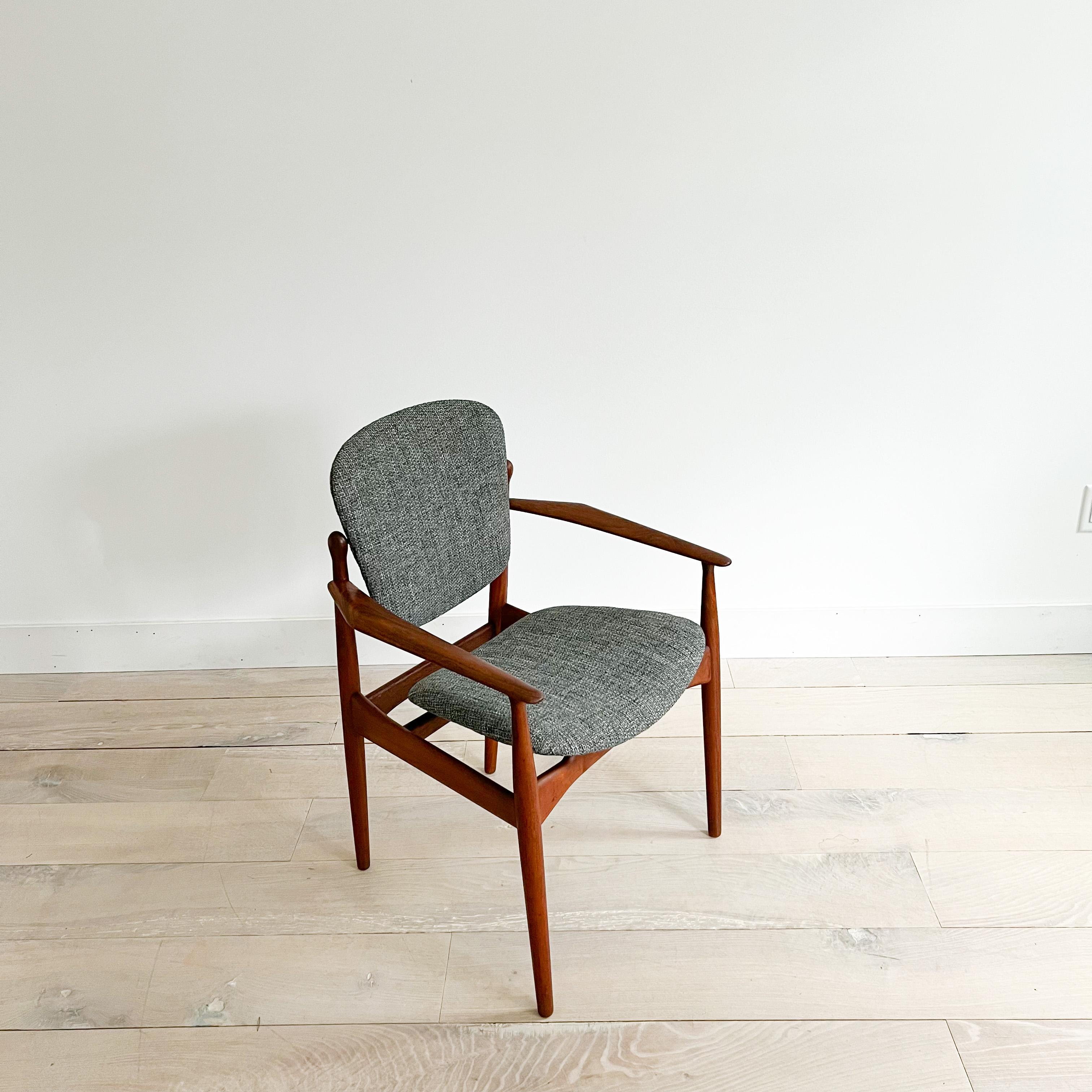 Mid century modern danish teak tilt back occasional chair by Arne Vodder for France & Daverkosen. Stamped underneath. New foam and grey tweed upholstery. Some scuffing/scratching from age appropriate wear. The tilt back works nicely and makes for an