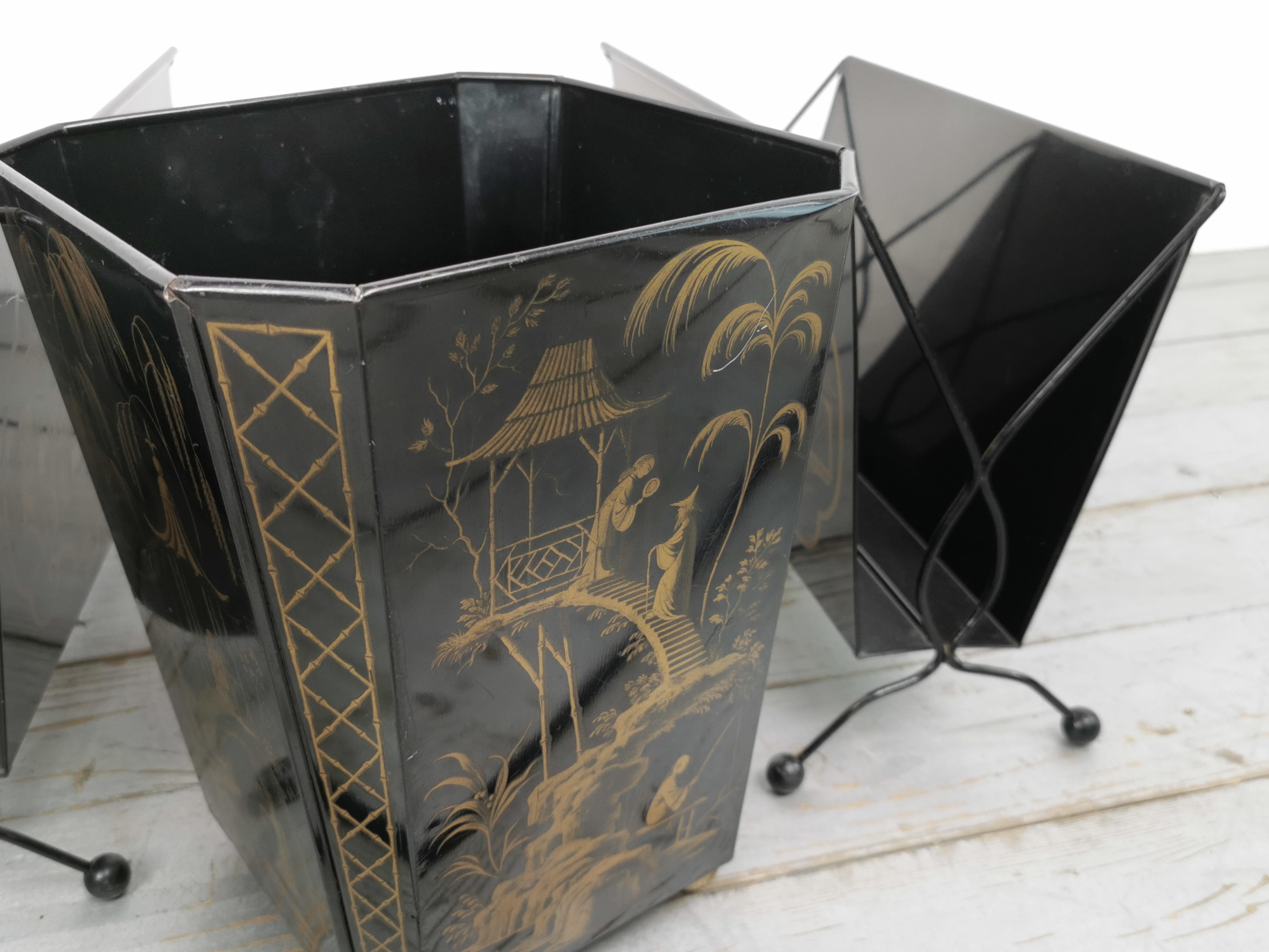 Chinese Mid-Century Tin Chinoiserie Magazine Racks and Matching Waste Bin by Worcester  For Sale