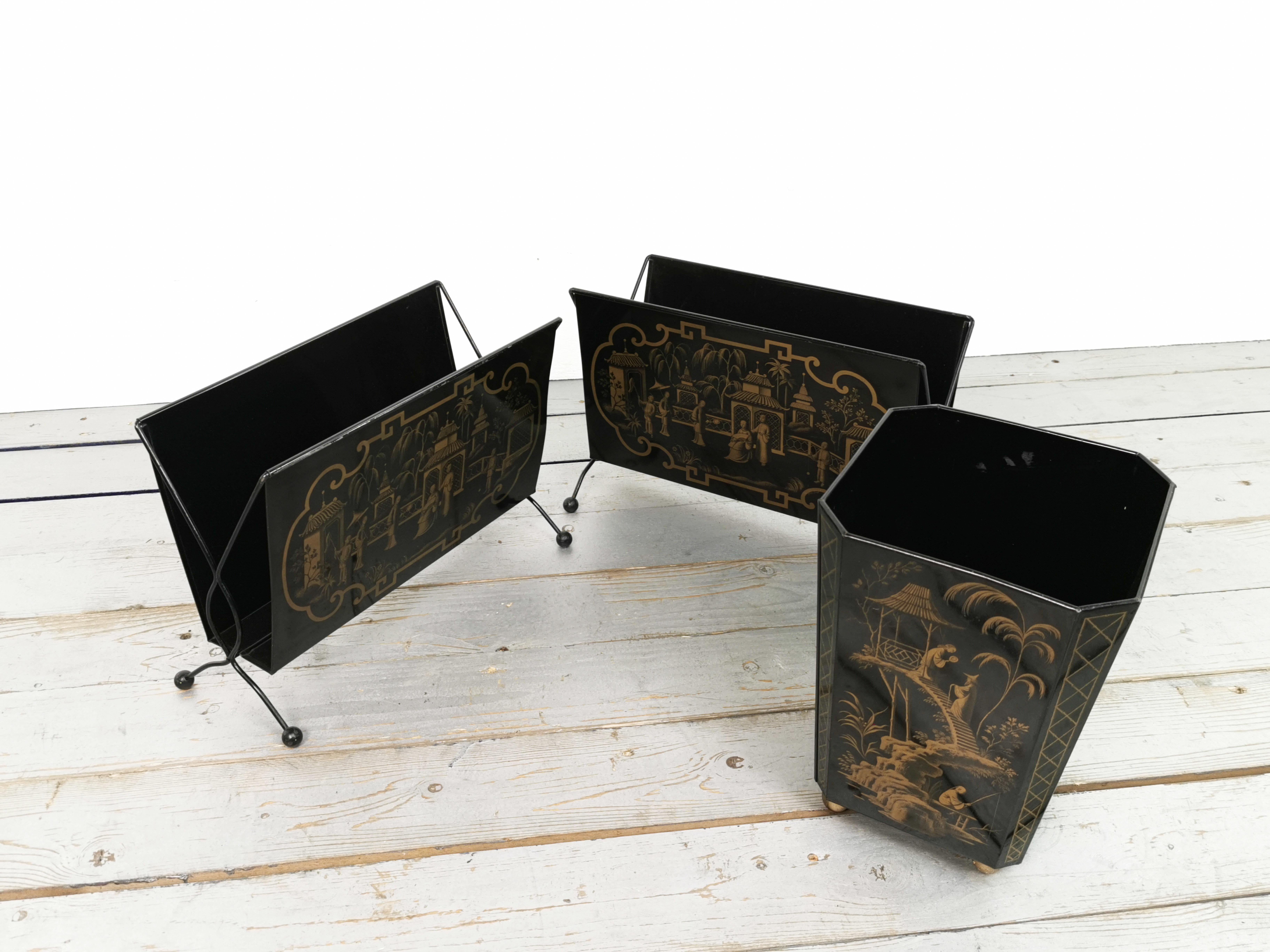20th Century Mid-Century Tin Chinoiserie Magazine Racks and Matching Waste Bin by Worcester  For Sale