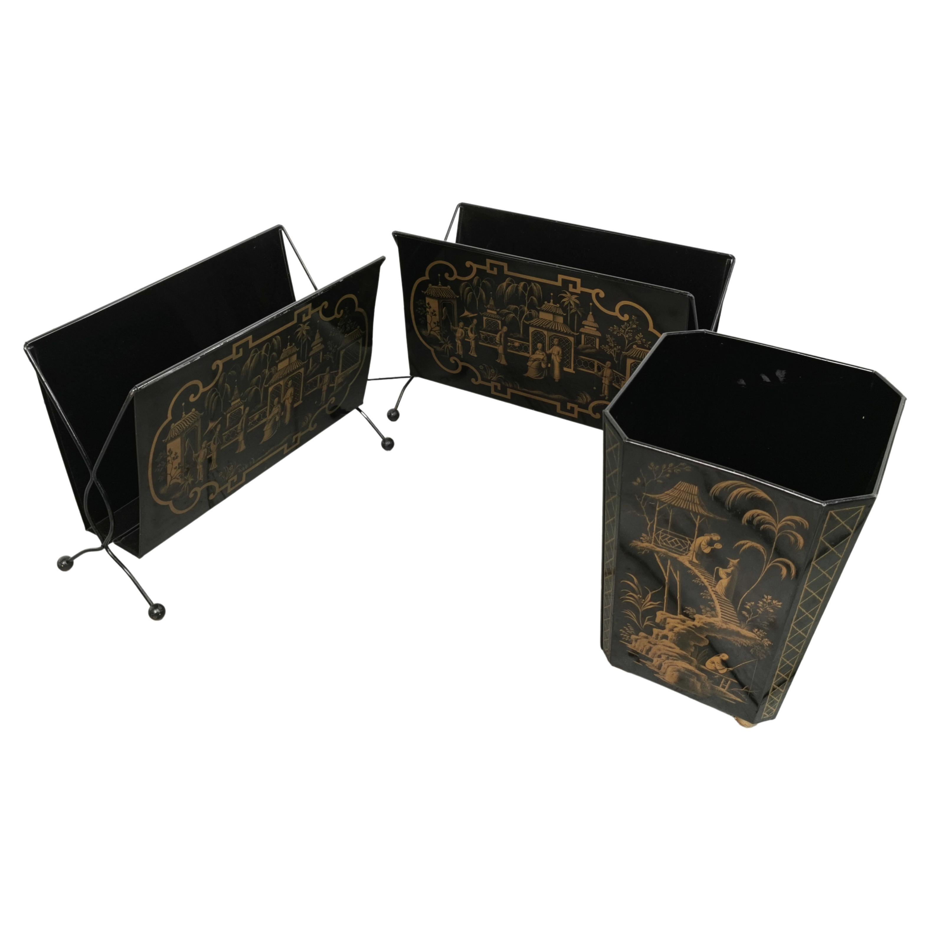 Mid-Century Tin Chinoiserie Magazine Racks and Matching Waste Bin by Worcester 