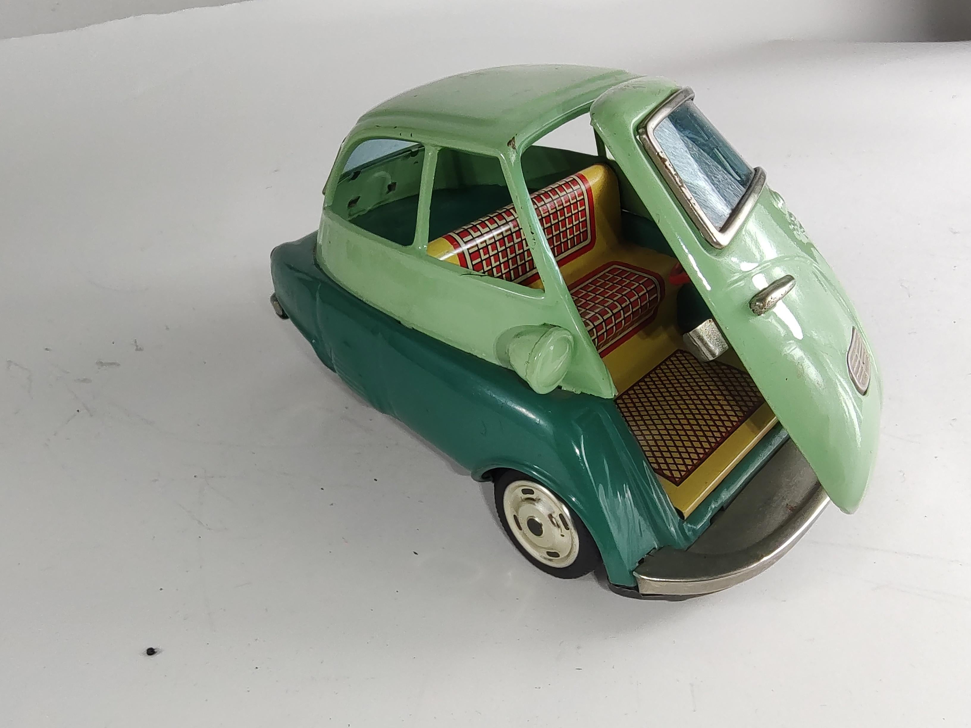 Midcentury Tin Litho Friction Toy Car by Bandai Japan BMW Isetta 3