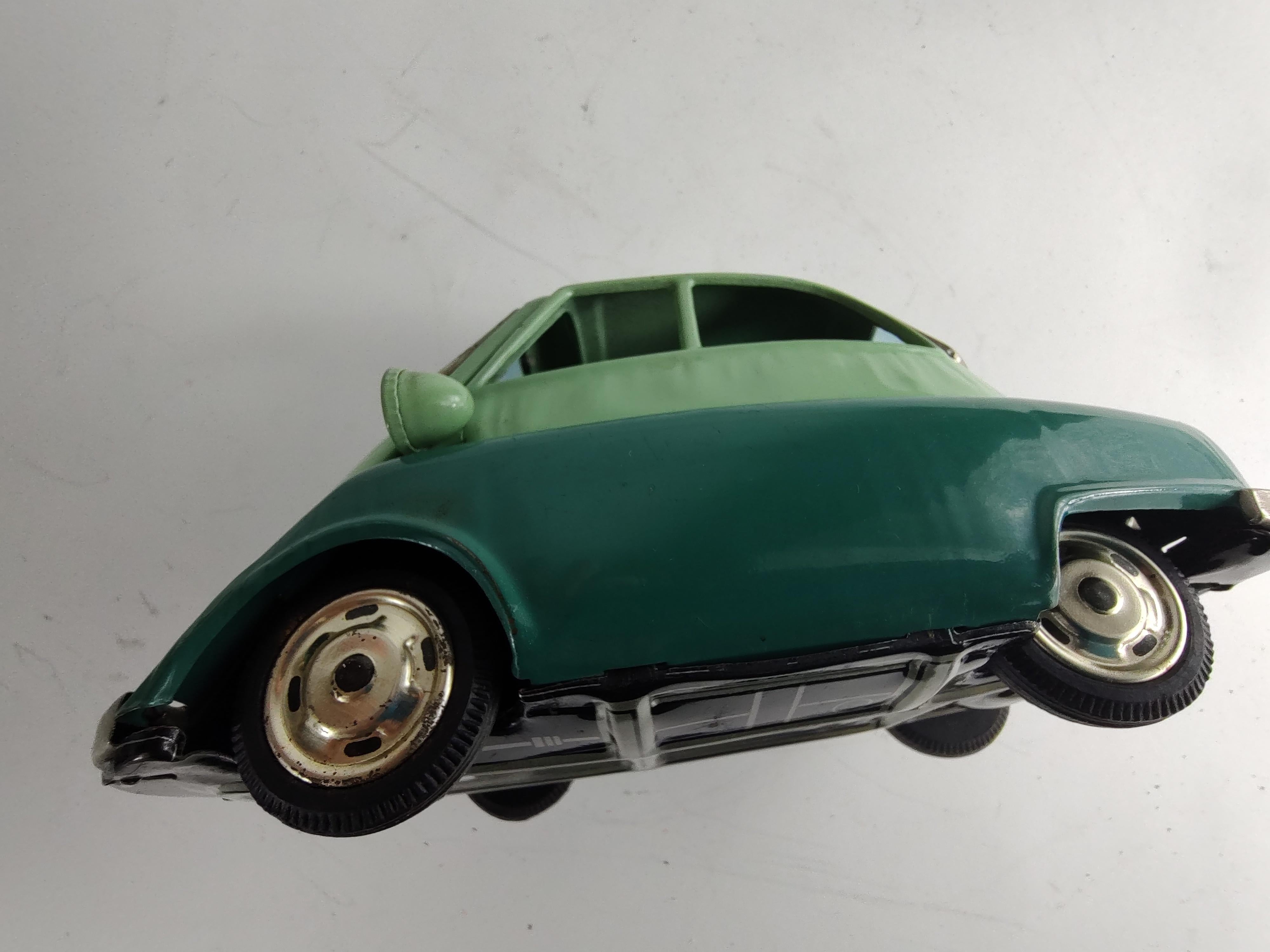 Industrial Midcentury Tin Litho Friction Toy Car by Bandai Japan BMW Isetta
