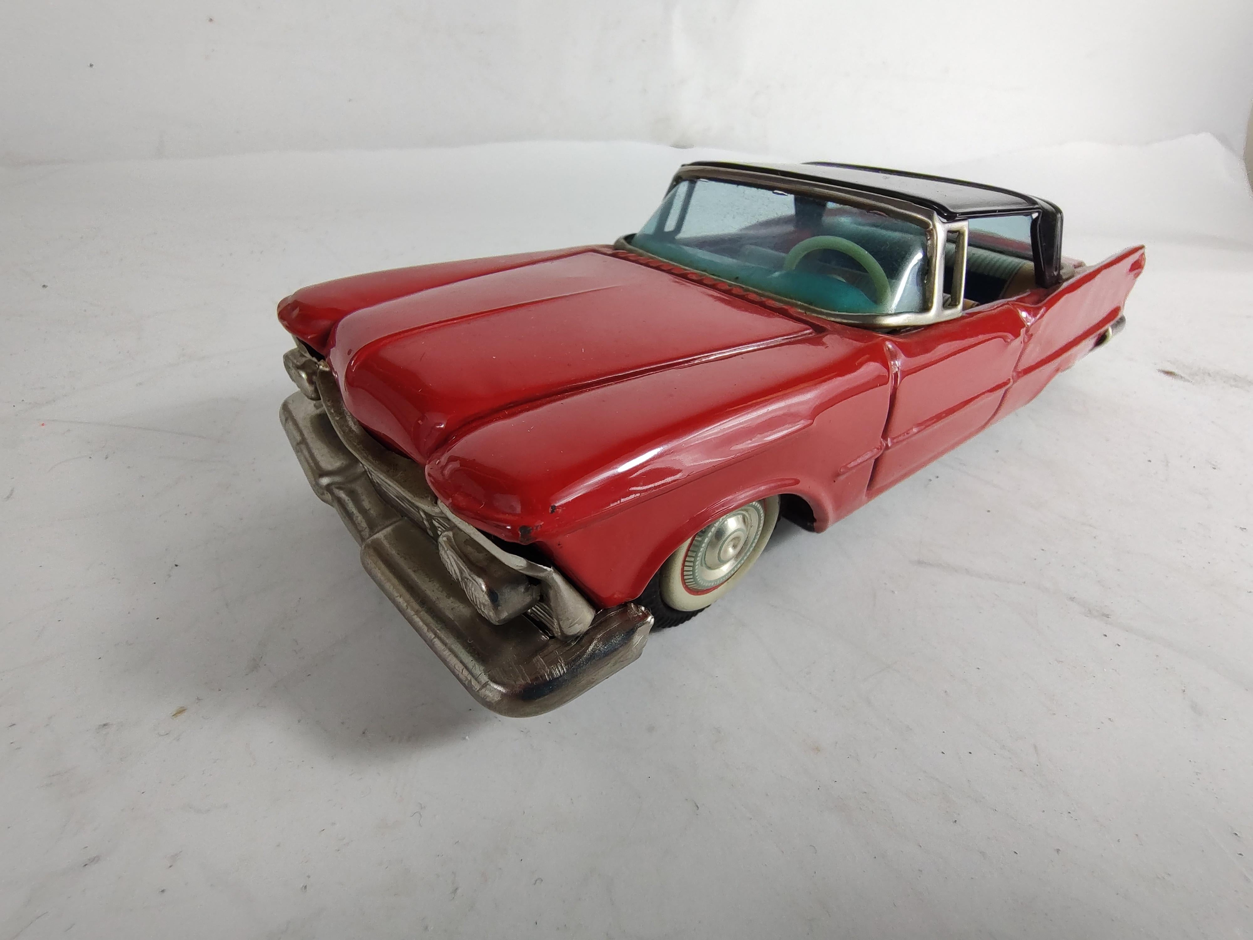 Midcentury Tin Litho Toy Car by Bandai Japan 1959 Chrysler Imperial in Red Black 3