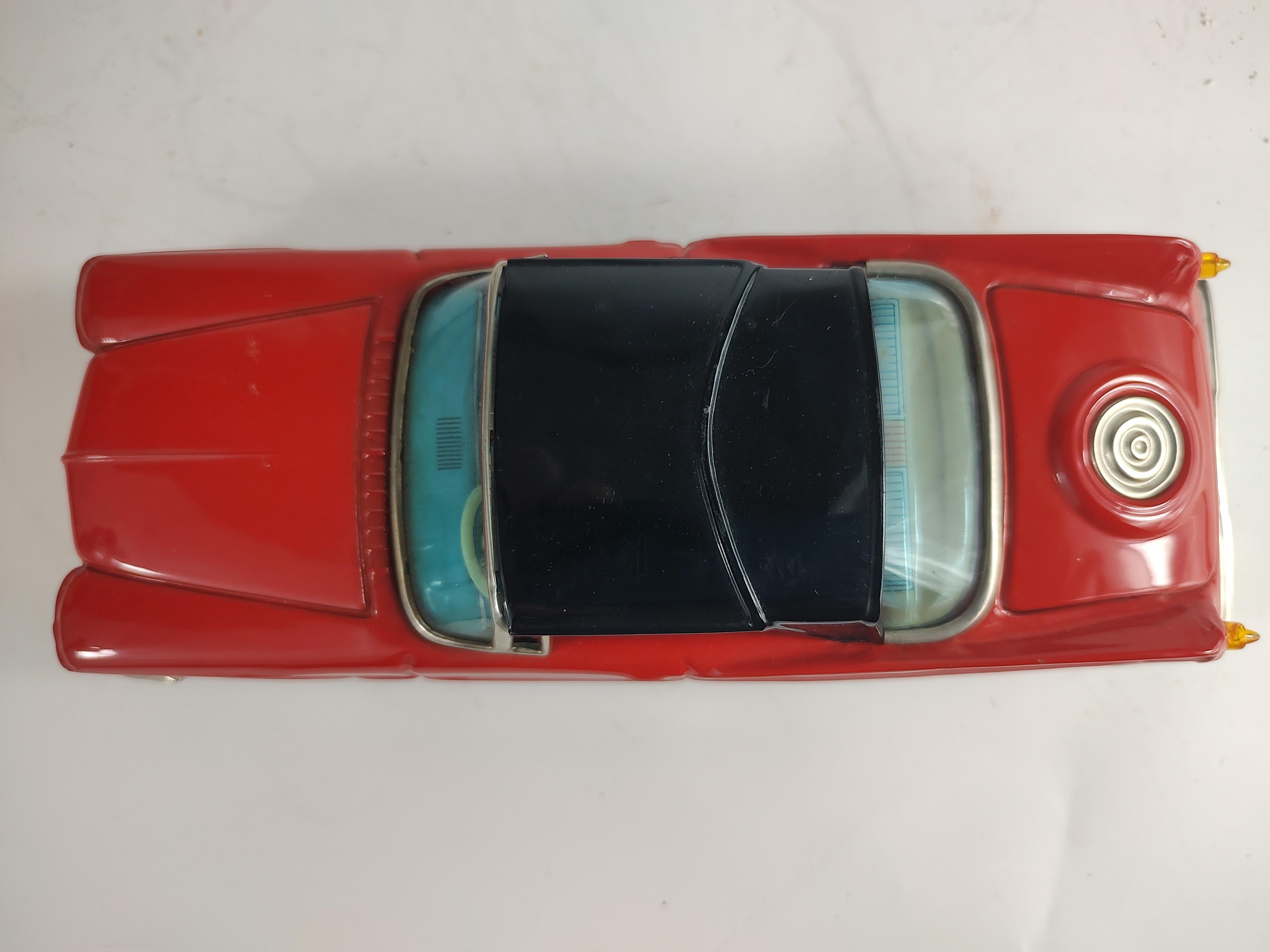 Midcentury Tin Litho Toy Car by Bandai Japan 1959 Chrysler Imperial in Red Black In Good Condition In Port Jervis, NY
