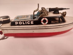 Midcentury Tin Litho Windup Motor Police Boat Japan