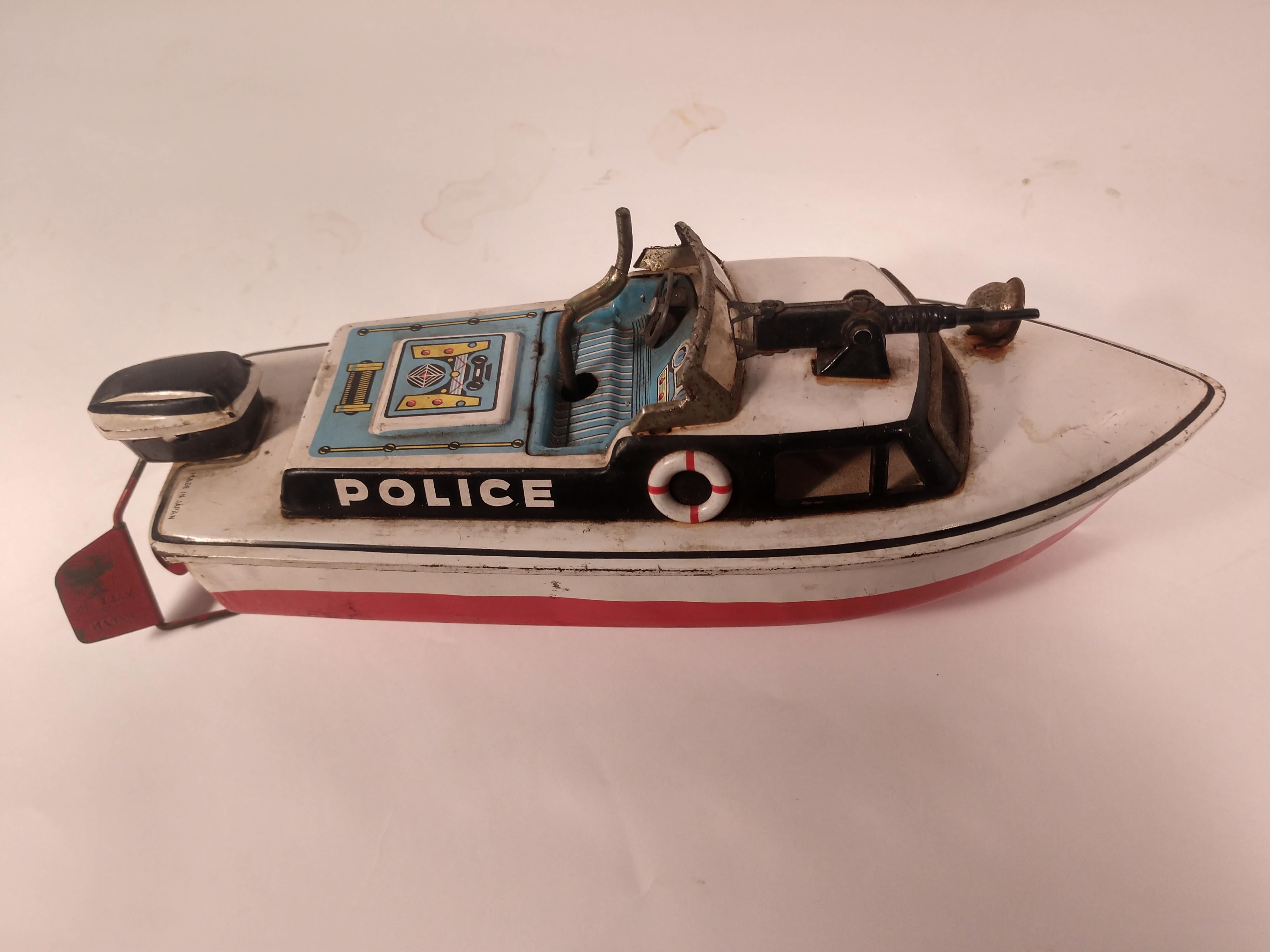 Industrial Midcentury Tin Litho Windup Motor Police Boat Japan