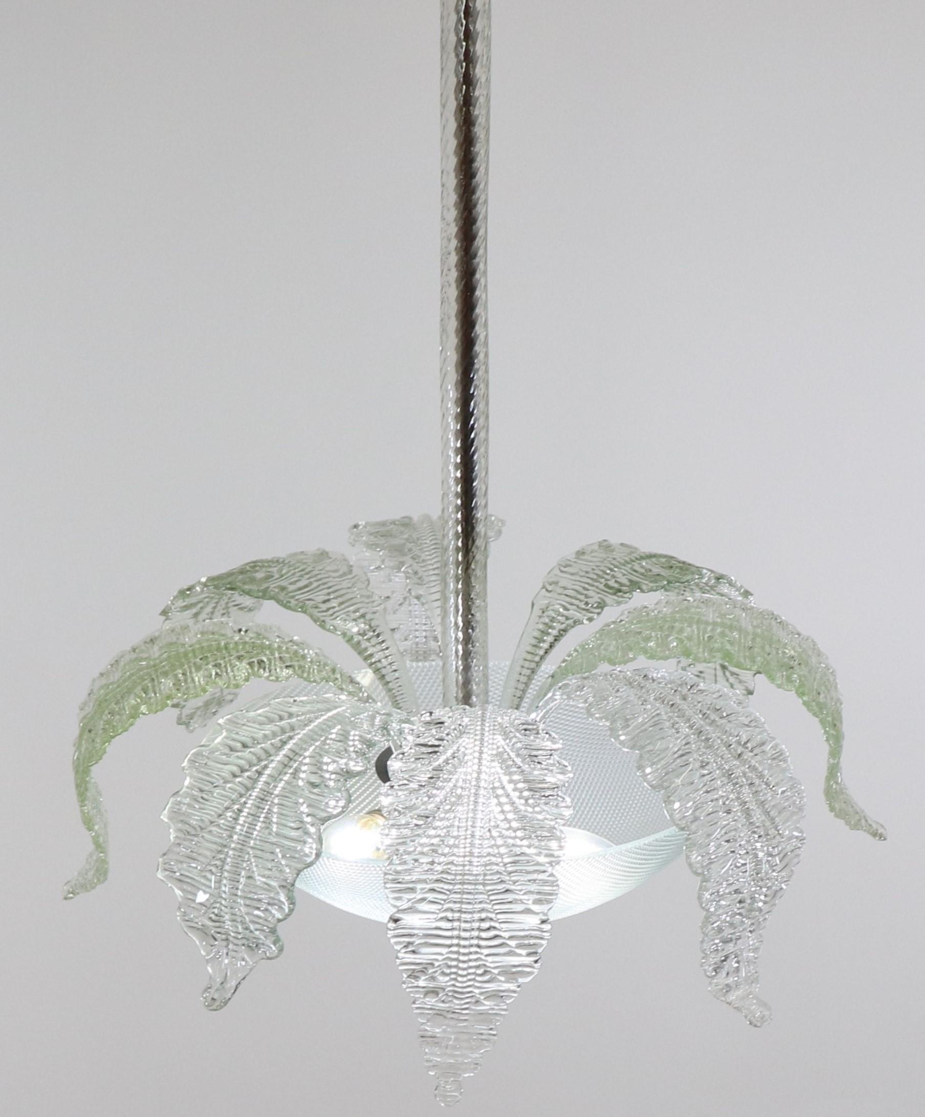 Italian Mid-Century Tinge of Green Murano Frond Chandelier in Style of Barovier & Too For Sale