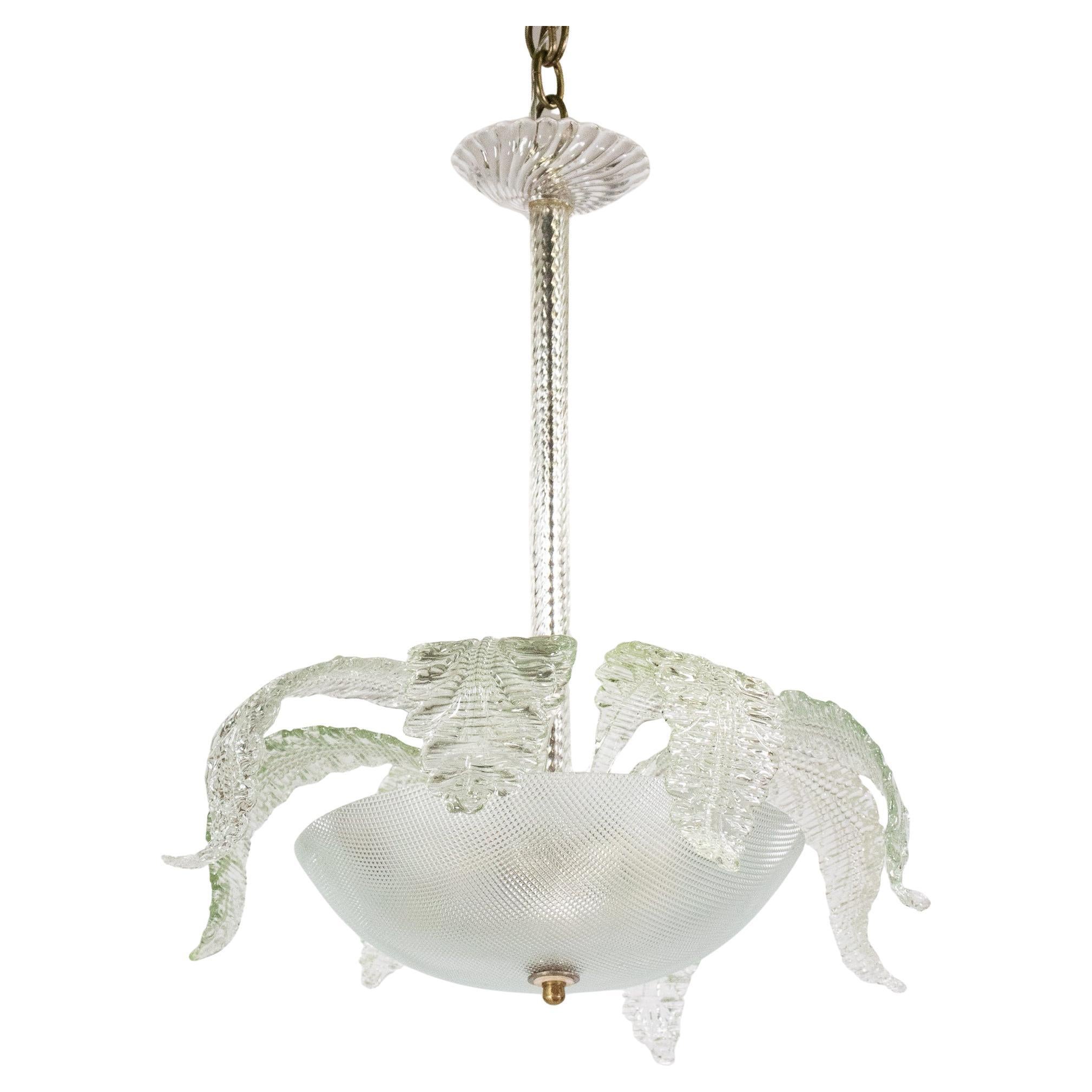 Mid-Century Tinge of Green Murano Frond Chandelier in Style of Barovier & Too For Sale