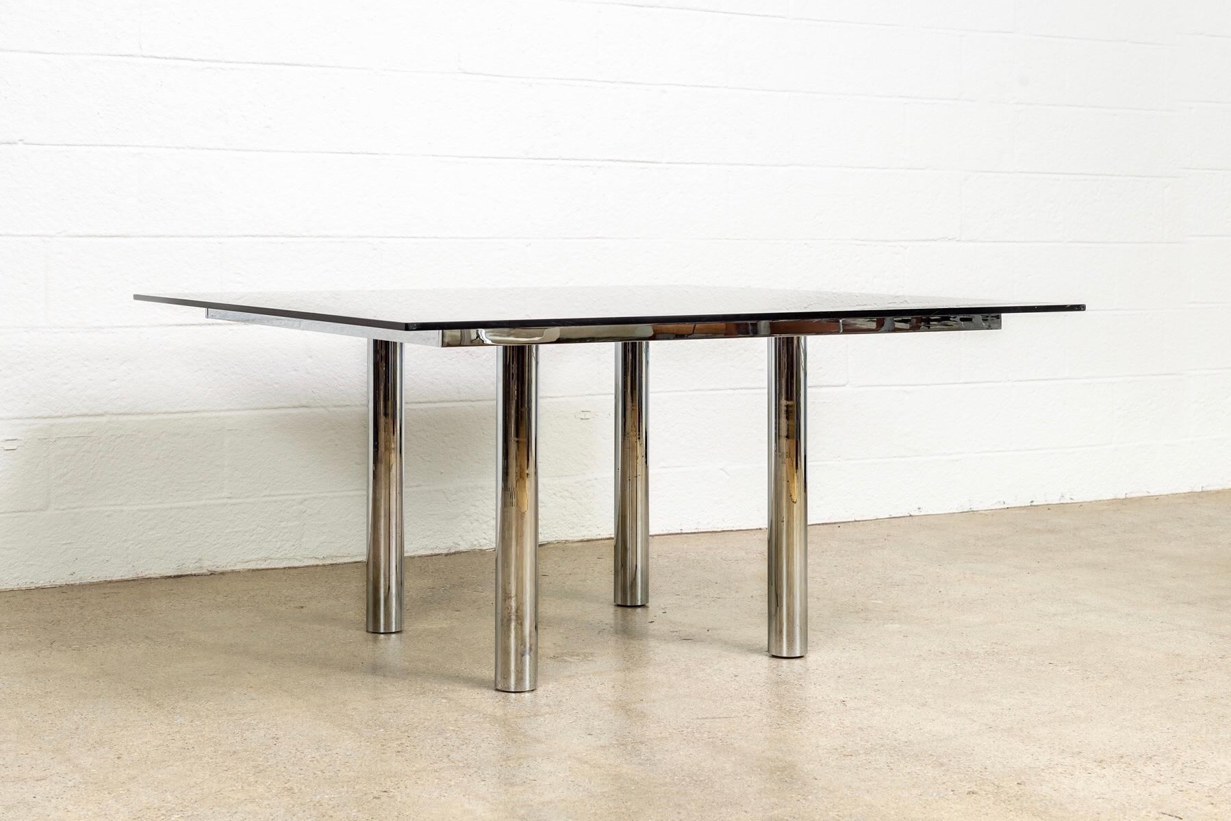 Plated Midcentury Tobia Scarpa for Knoll Andre Square Glass and Chrome Dining Table For Sale