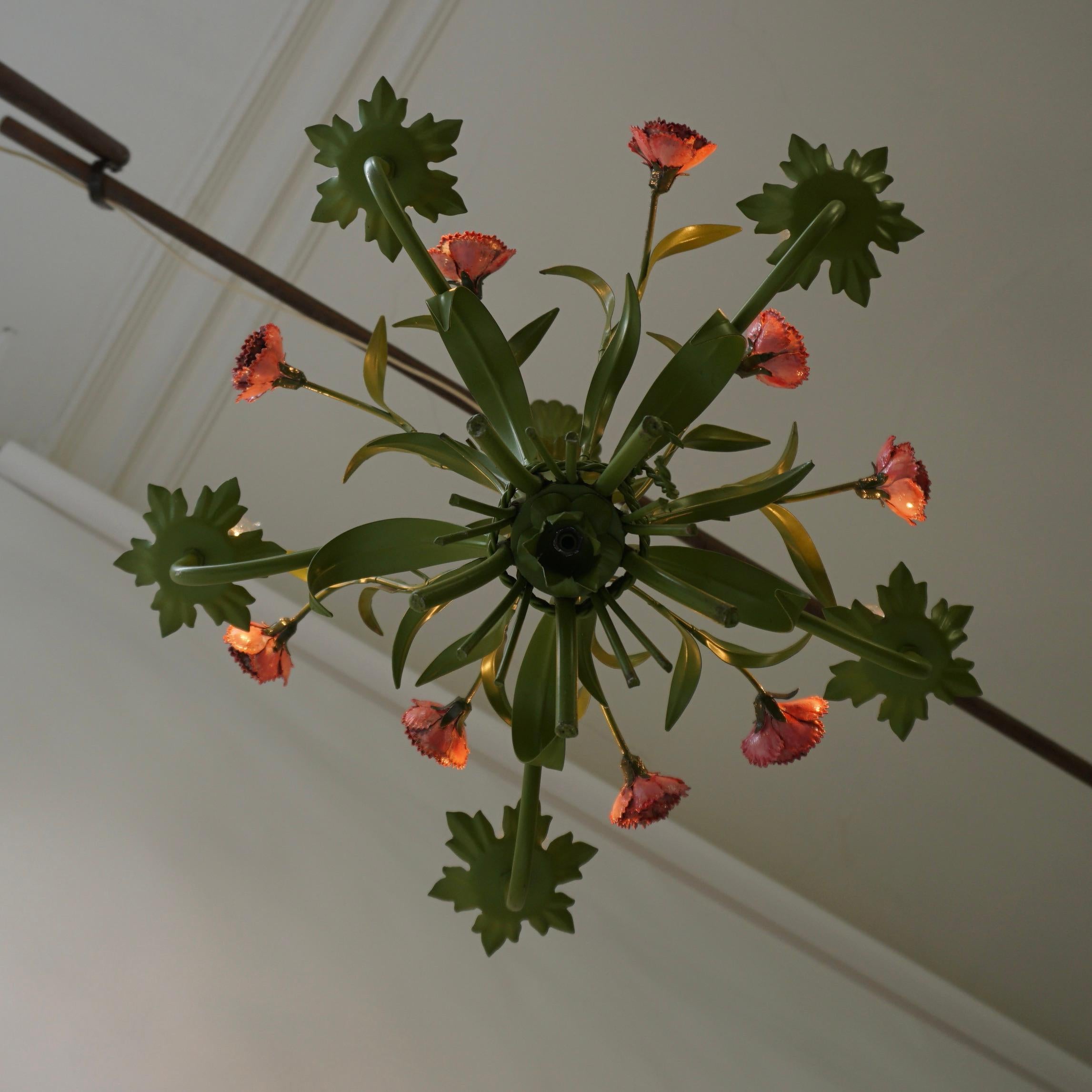 Painted Mid Century Tole Italian Flower Five-Light Chandelier For Sale