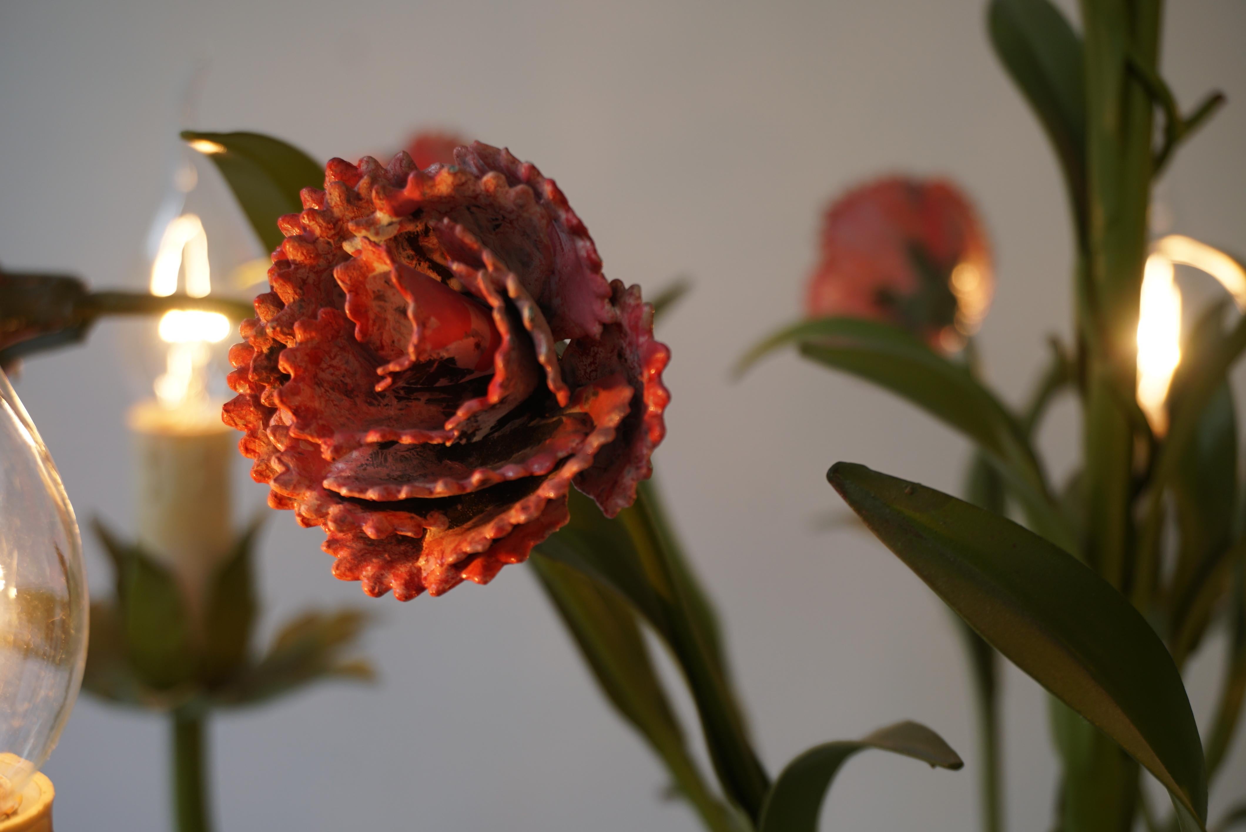 Metal Mid Century Tole Italian Flower Five-Light Chandelier For Sale