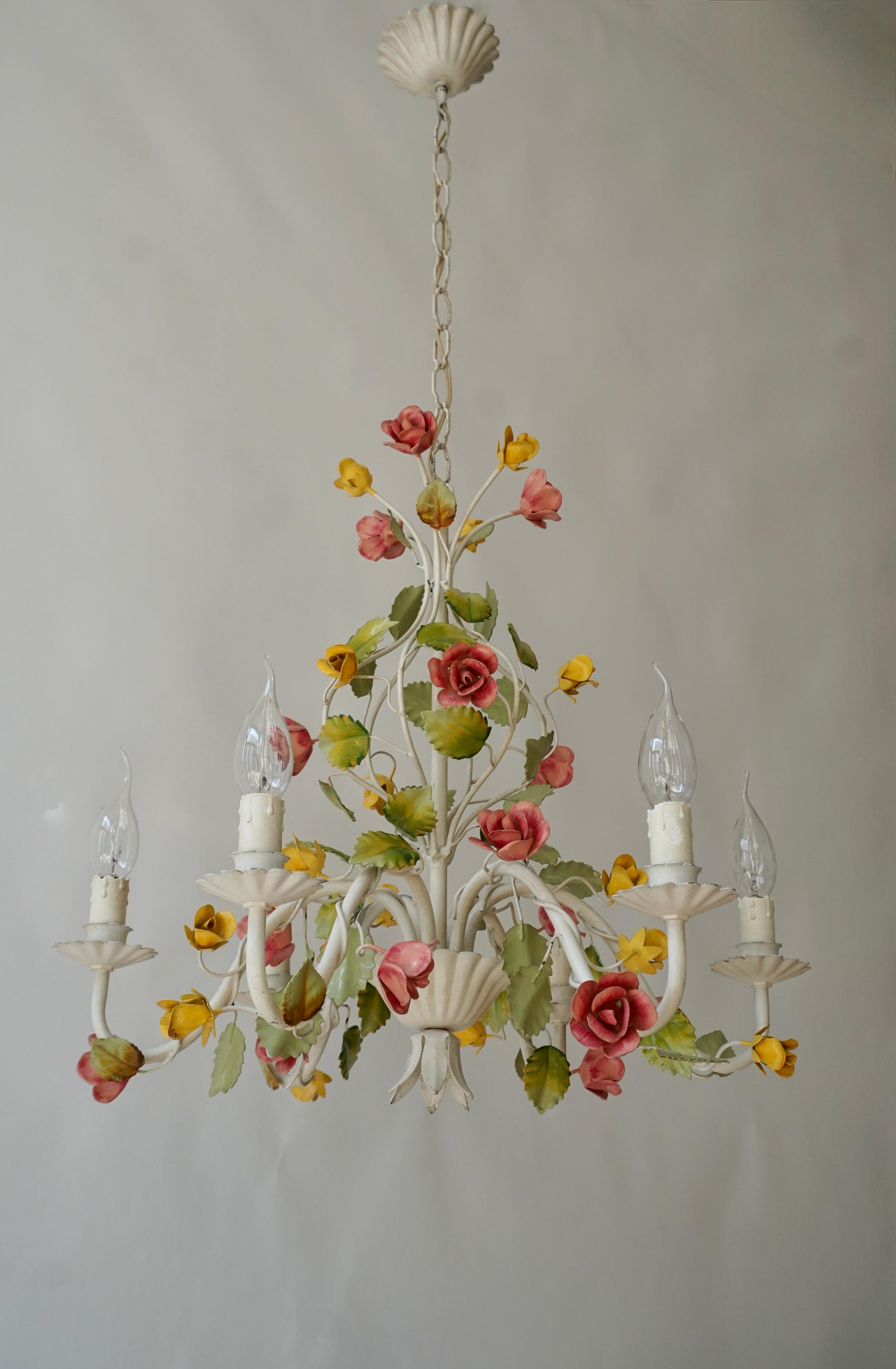 Hollywood Regency Mid Century Tole Italian Flower Six-Light Chandelier For Sale