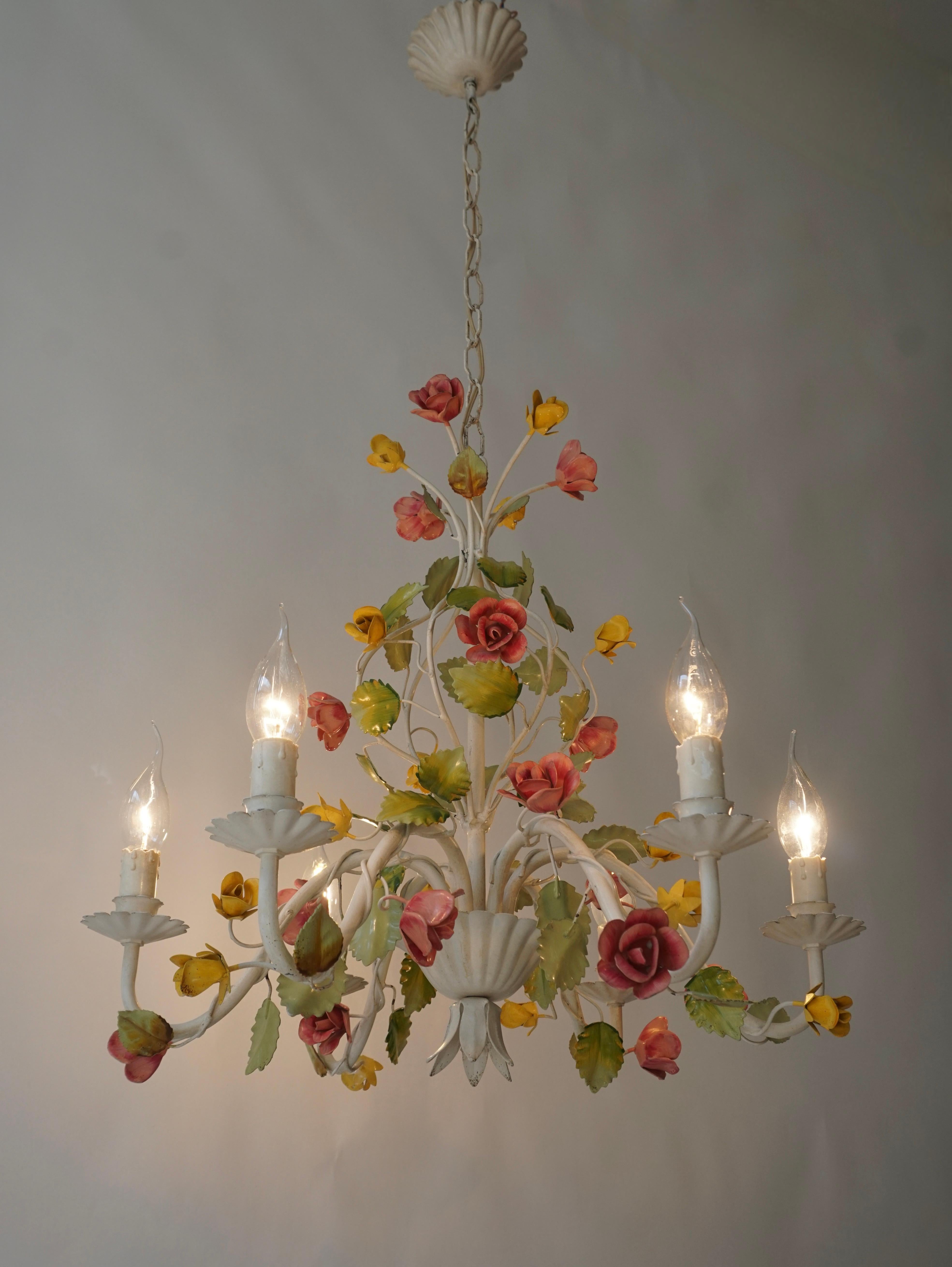 Painted Mid Century Tole Italian Flower Six-Light Chandelier For Sale
