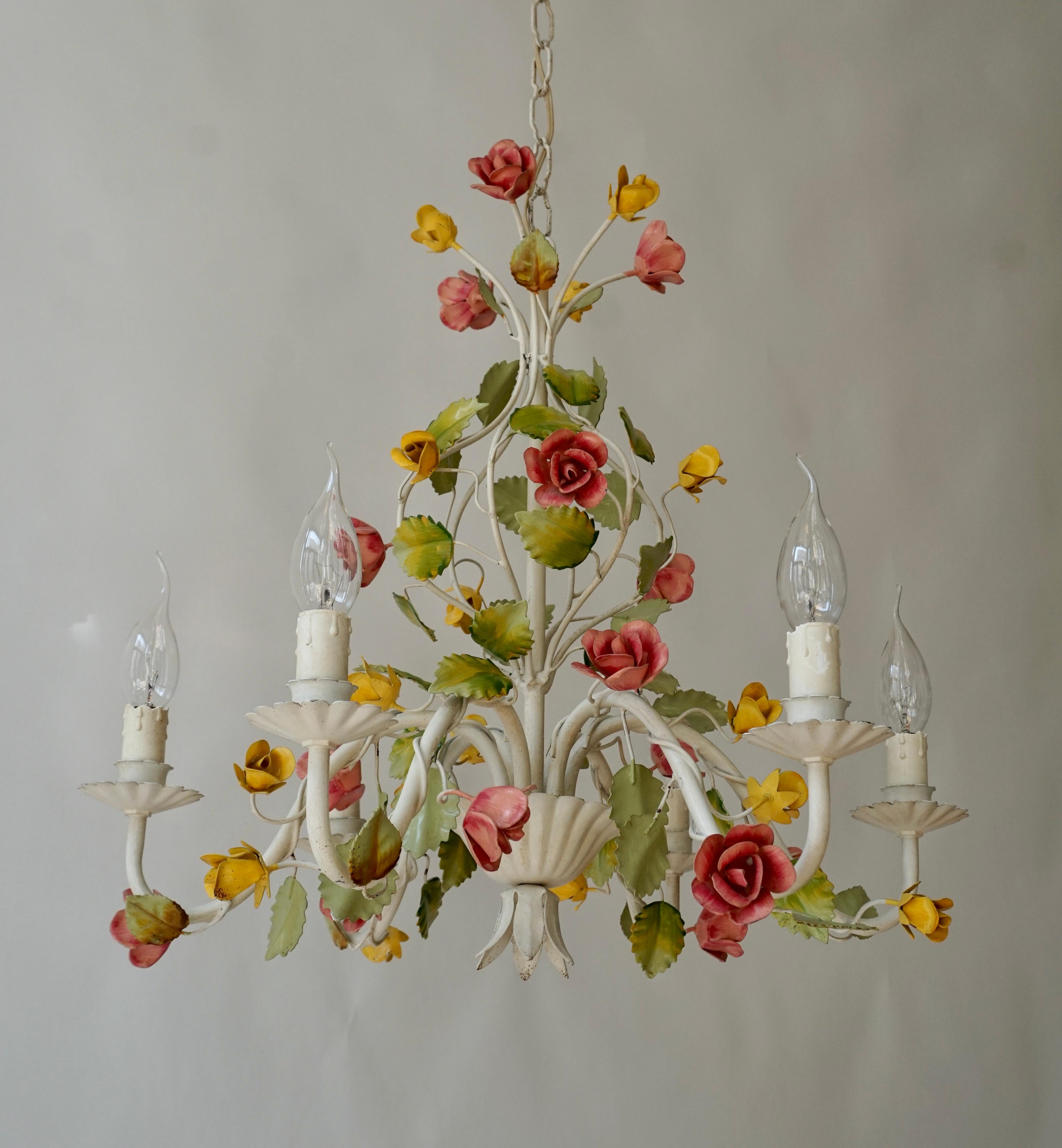 20th Century Mid Century Tole Italian Flower Six-Light Chandelier For Sale
