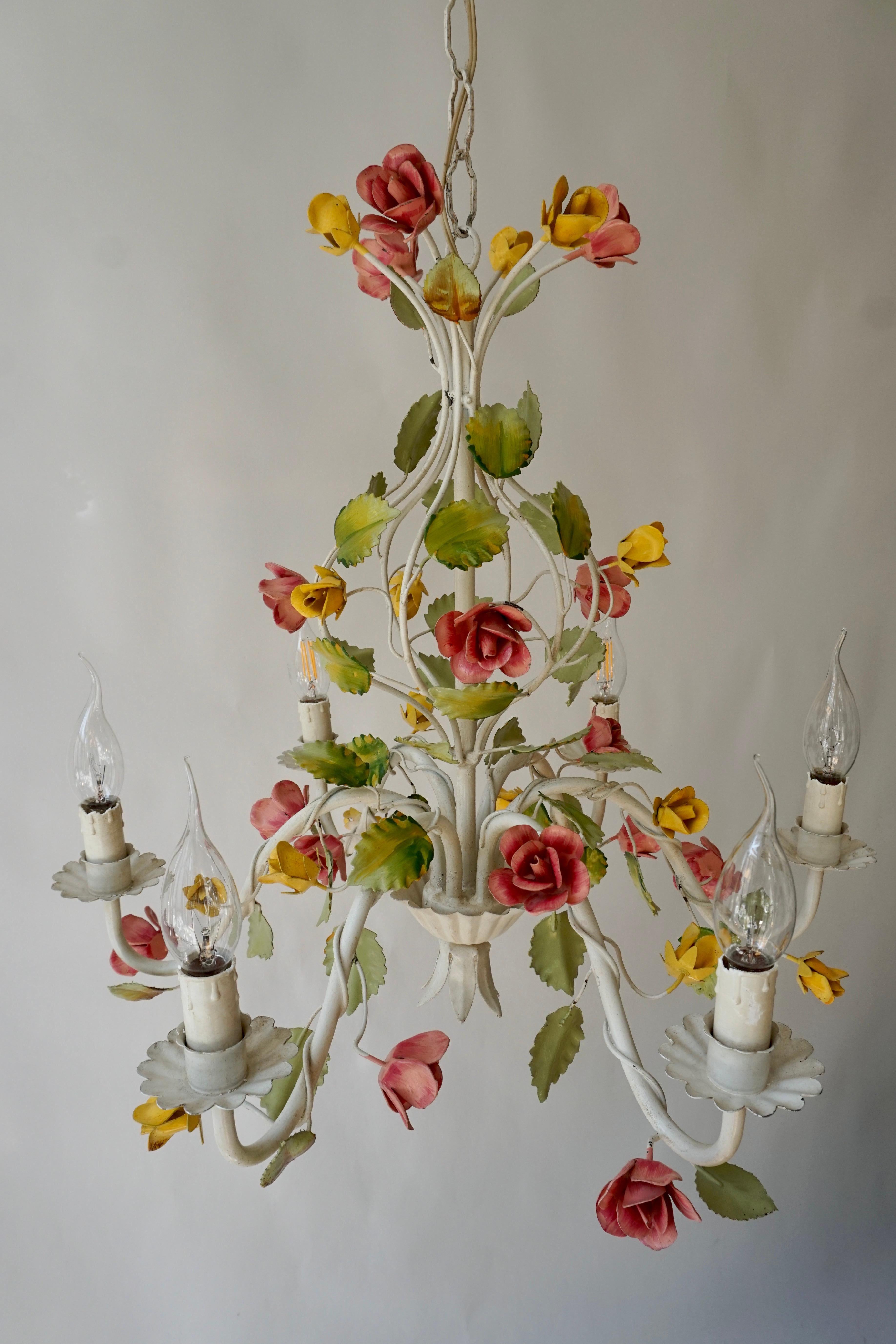 Metal Mid Century Tole Italian Flower Six-Light Chandelier For Sale