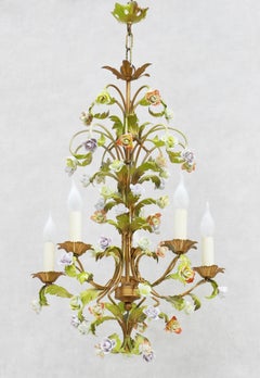 Midcentury Toleware Chandelier with Porcelaine Rose Pampilles circa 1950s France
