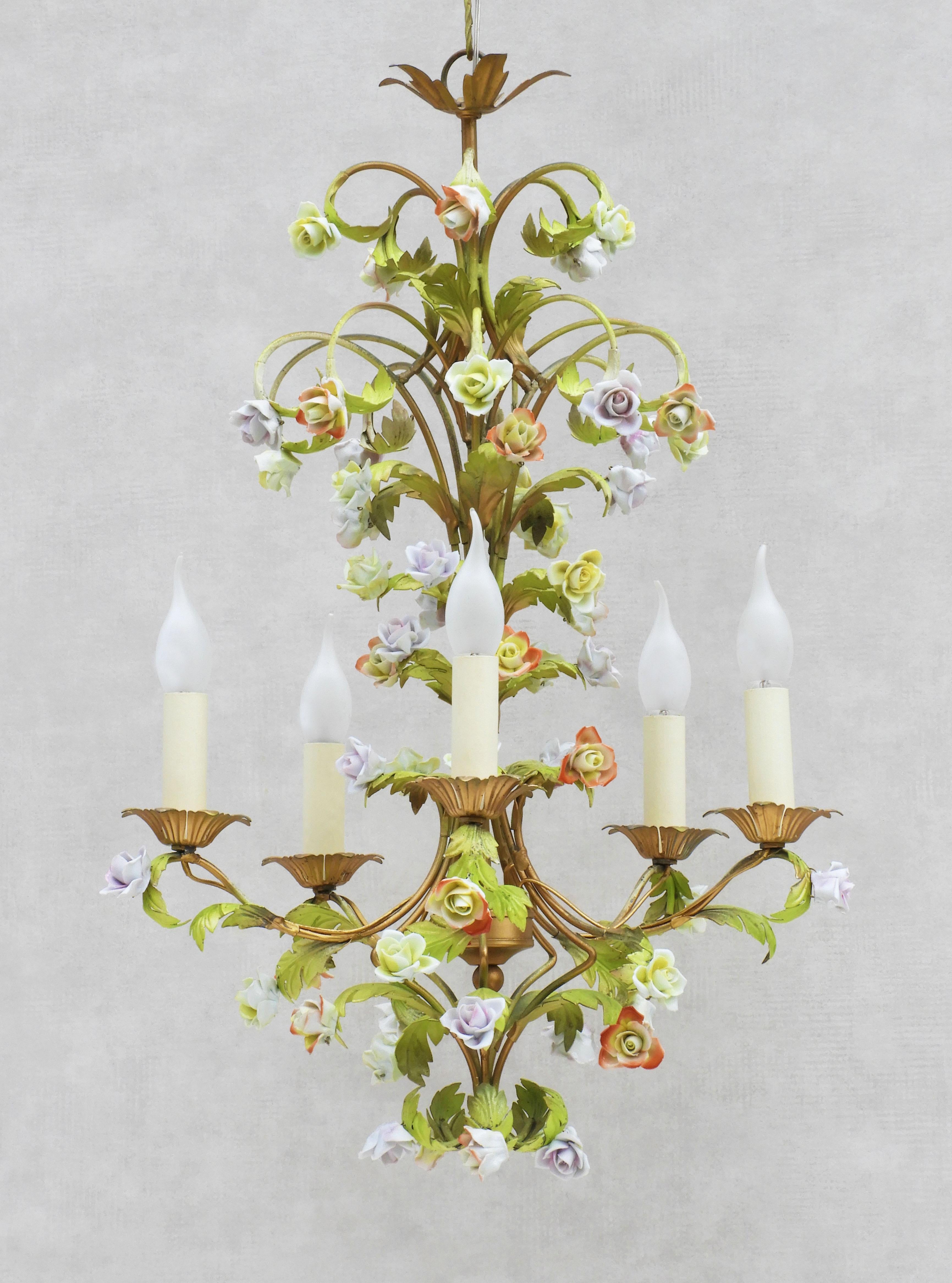 French Midcentury Toleware Chandelier with Porcelaine Rose Pampilles circa 1950s France