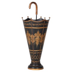 Mid-Century Toleware Stick Umbrella Stand Hand Painted Gold on Black