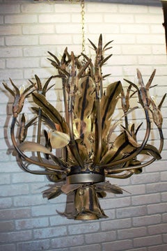 Mid Century Tom Greene Brutalist Torched Brass 16 Arm Chandelier