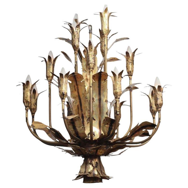 Mid Century Tom Greene Brutalist Torched Brass 16 Arm Chandelier