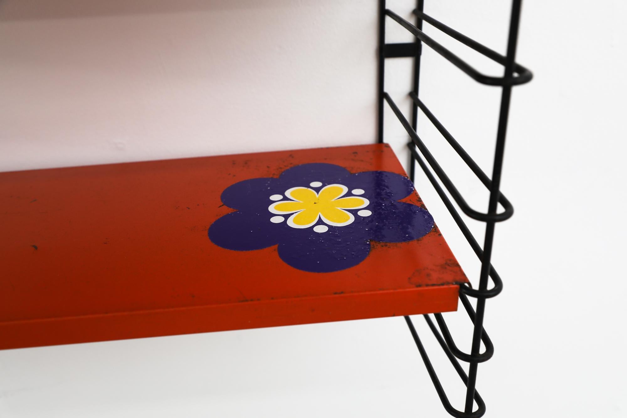 Enameled Mid-Century TOMADO Red Industrial Shelving Unit with Flower Sticker For Sale