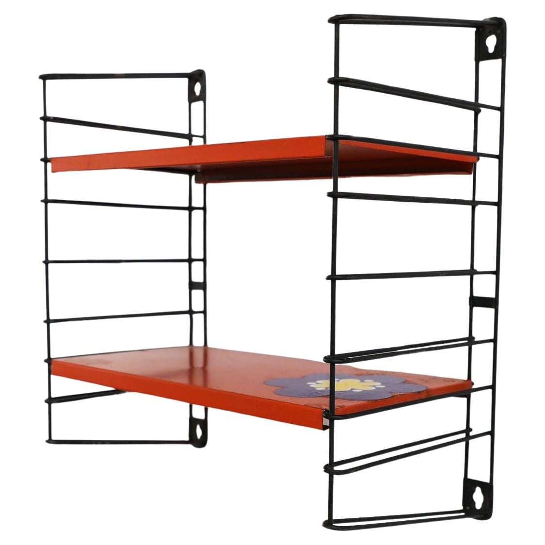 Mid-Century TOMADO Red Industrial Shelving Unit with Flower Sticker