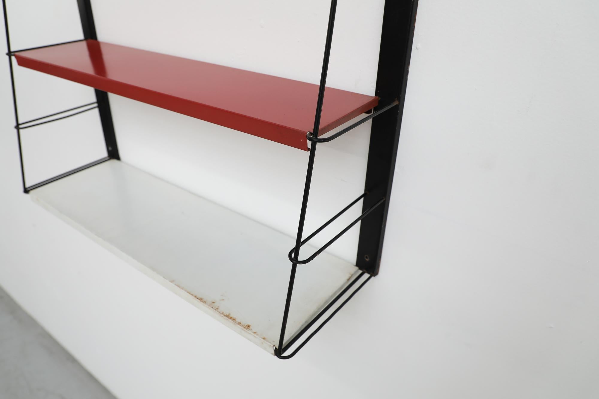 Mid-Century TOMADO Style Metal Black Framed Wall Shelving w/ Red & White Shelves For Sale 6