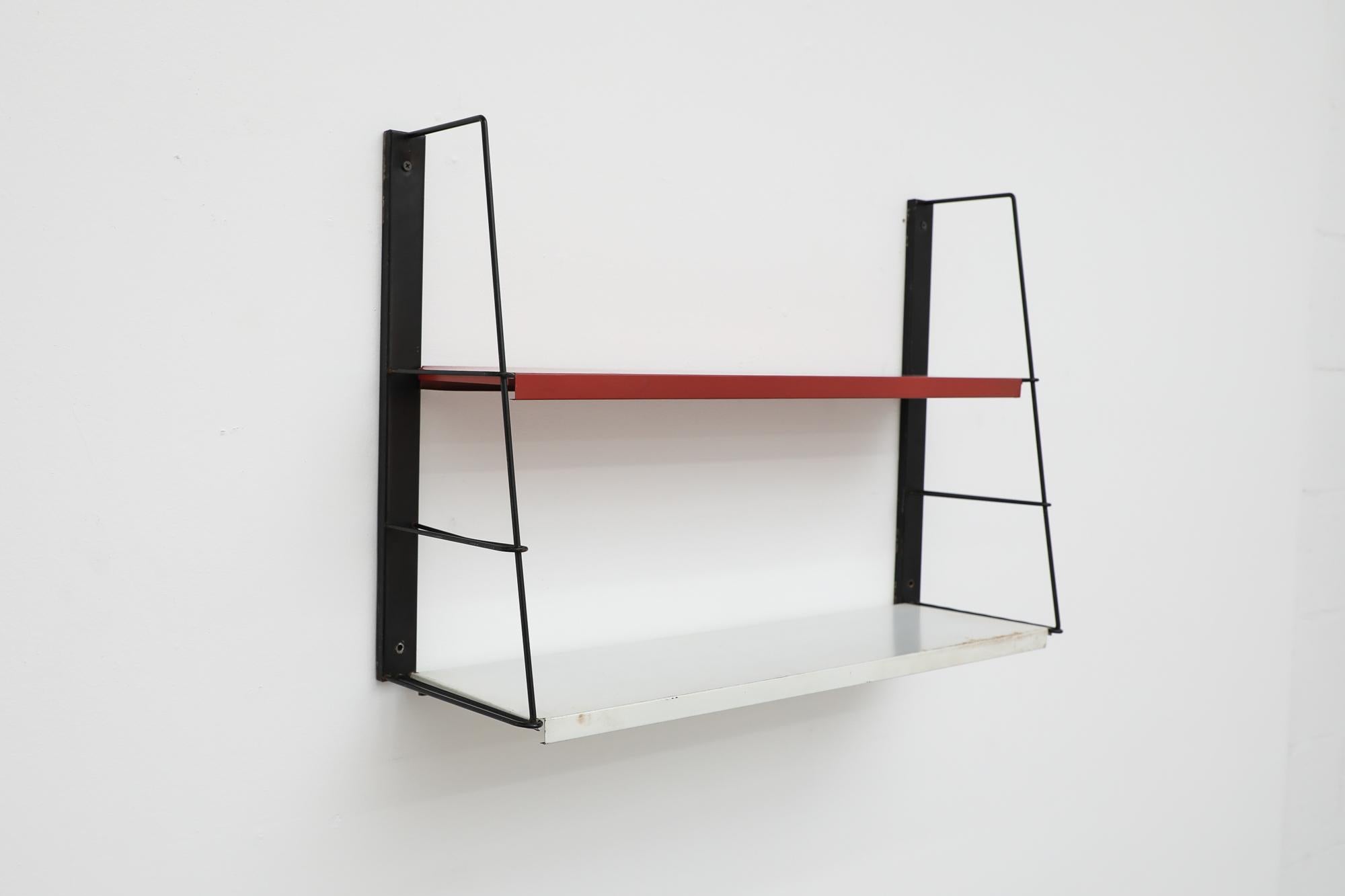 Mid-Century TOMADO Style Metal Black Framed Wall Shelving w/ Red & White Shelves For Sale 8