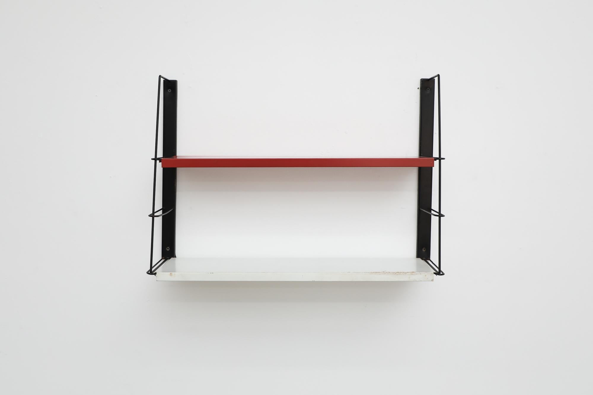 Mid-Century Modern Mid-Century TOMADO Style Metal Black Framed Wall Shelving w/ Red & White Shelves For Sale