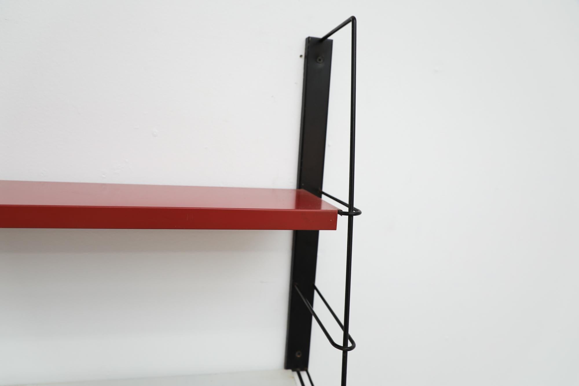 Enameled Mid-Century TOMADO Style Metal Black Framed Wall Shelving w/ Red & White Shelves