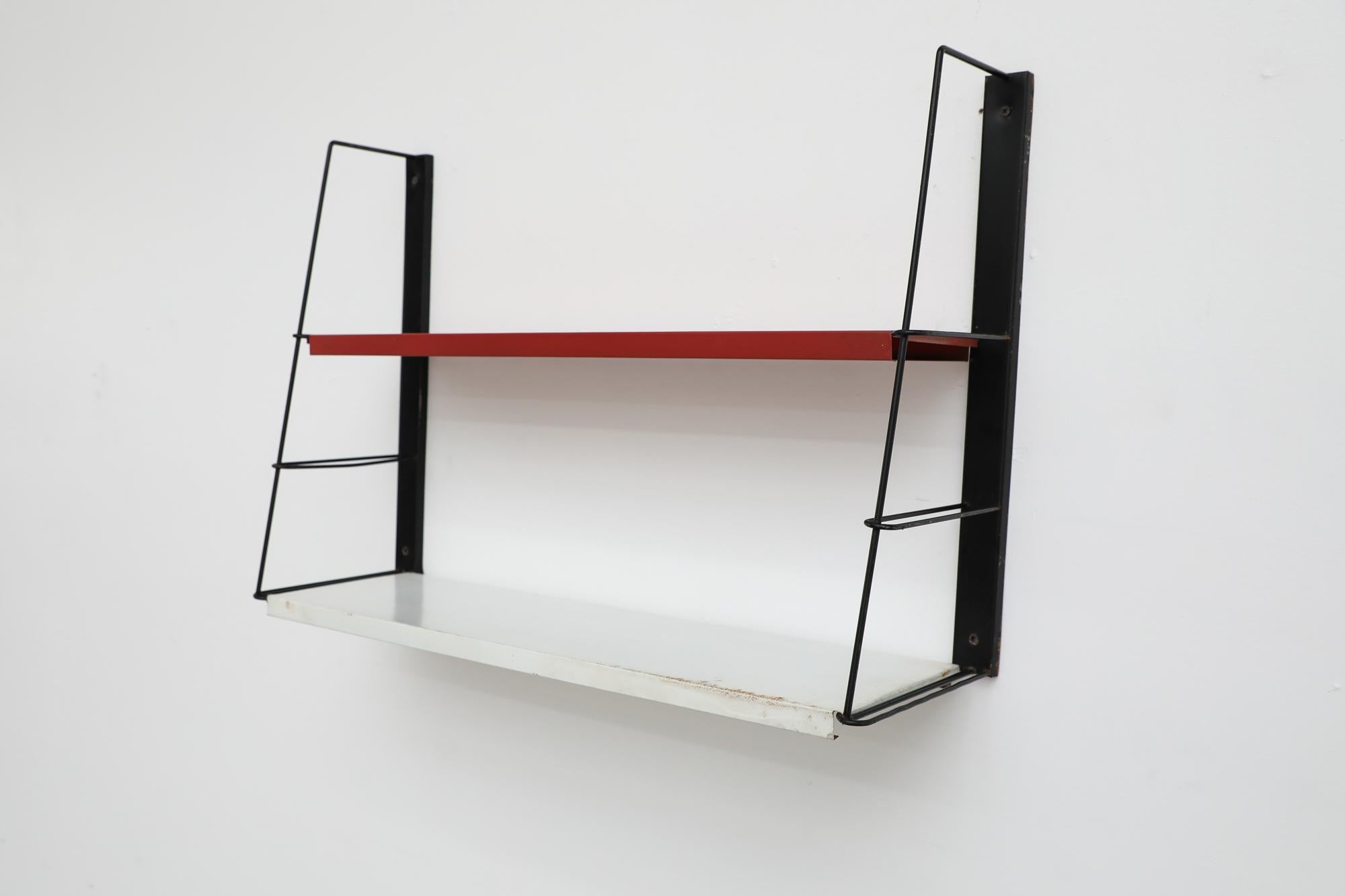 Early 17th Century Mid-Century TOMADO Style Metal Black Framed Wall Shelving w/ Red & White Shelves