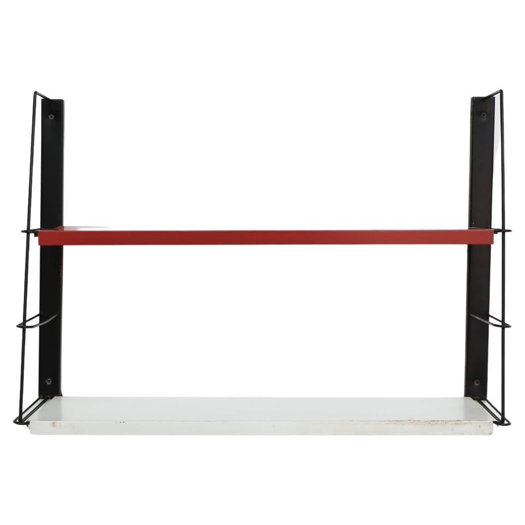 Mid-Century TOMADO Style Metal Black Framed Wall Shelving w/ Red & White Shelves