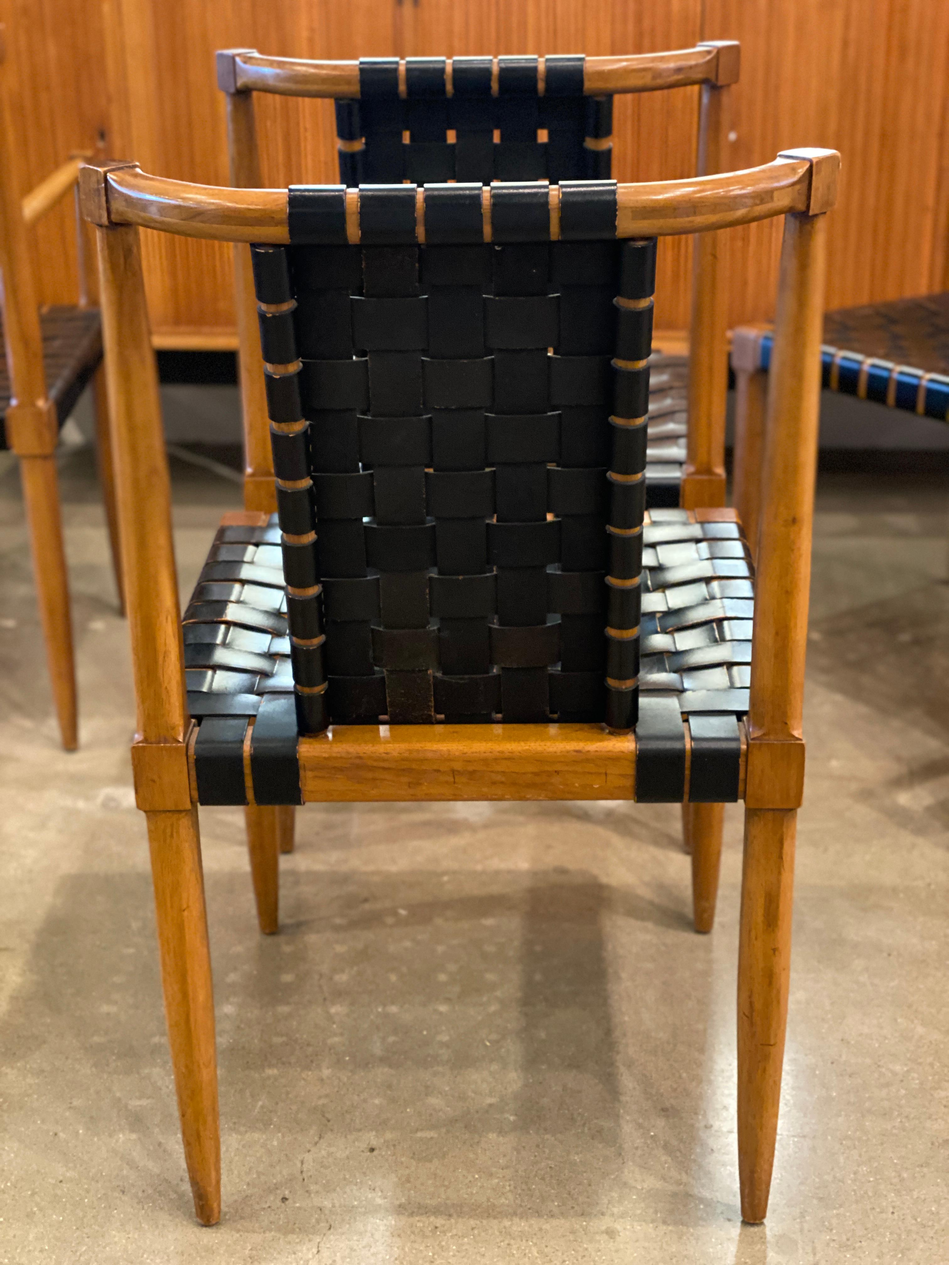 Midcentury Tomlinson Dining Chairs, Woven Black Leather, Set of 6 3