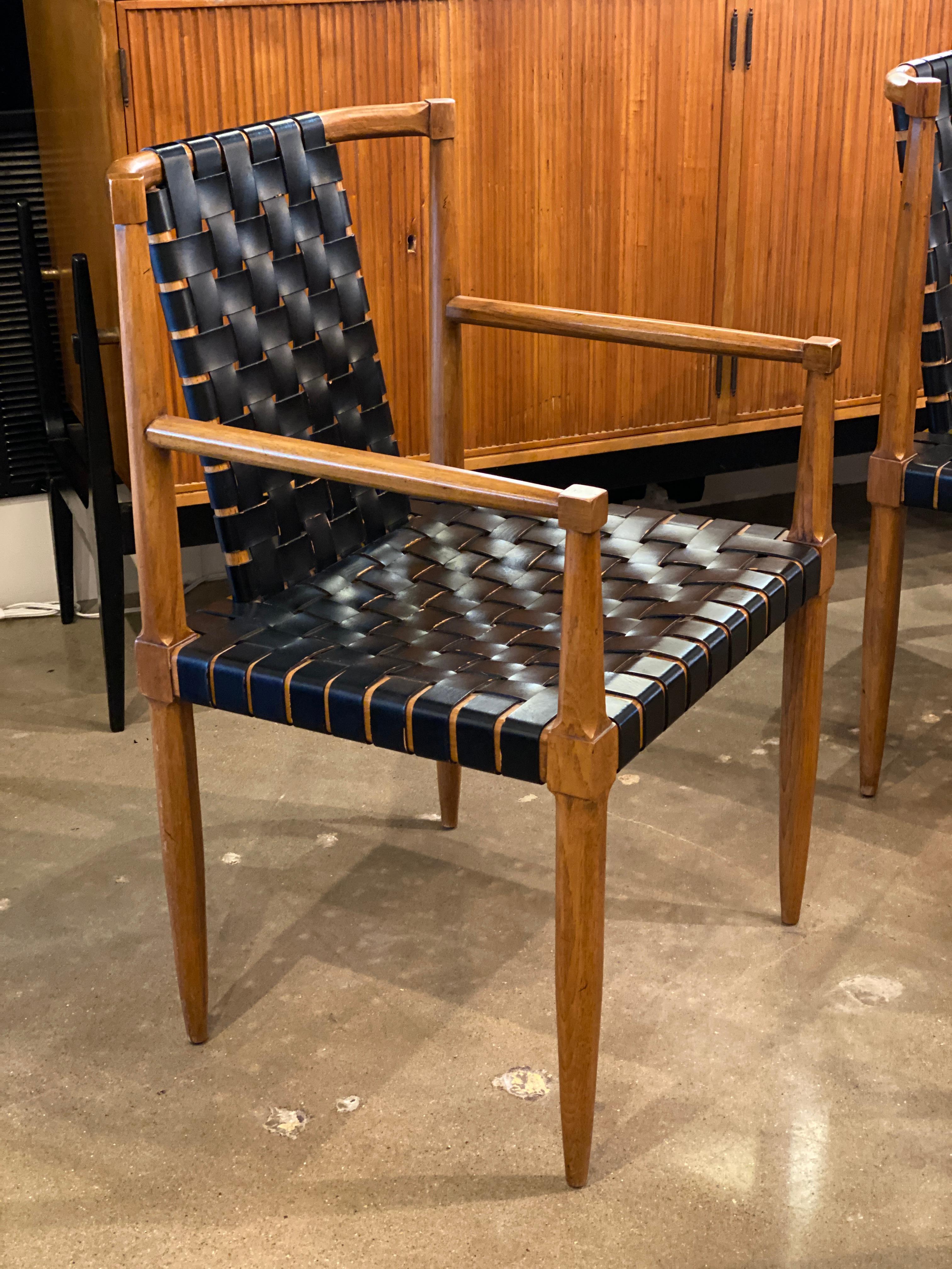 Midcentury Tomlinson Dining Chairs, Woven Black Leather, Set of 6 In Good Condition In Austin, TX
