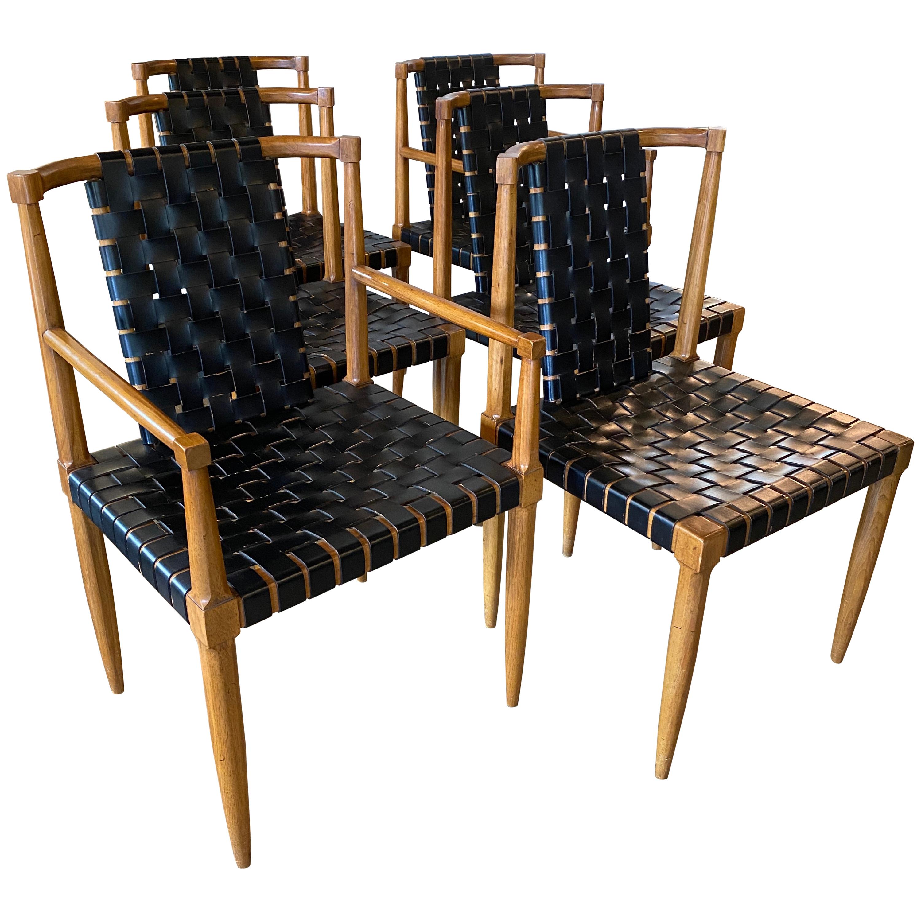 Midcentury Tomlinson Dining Chairs, Woven Black Leather, Set of 6