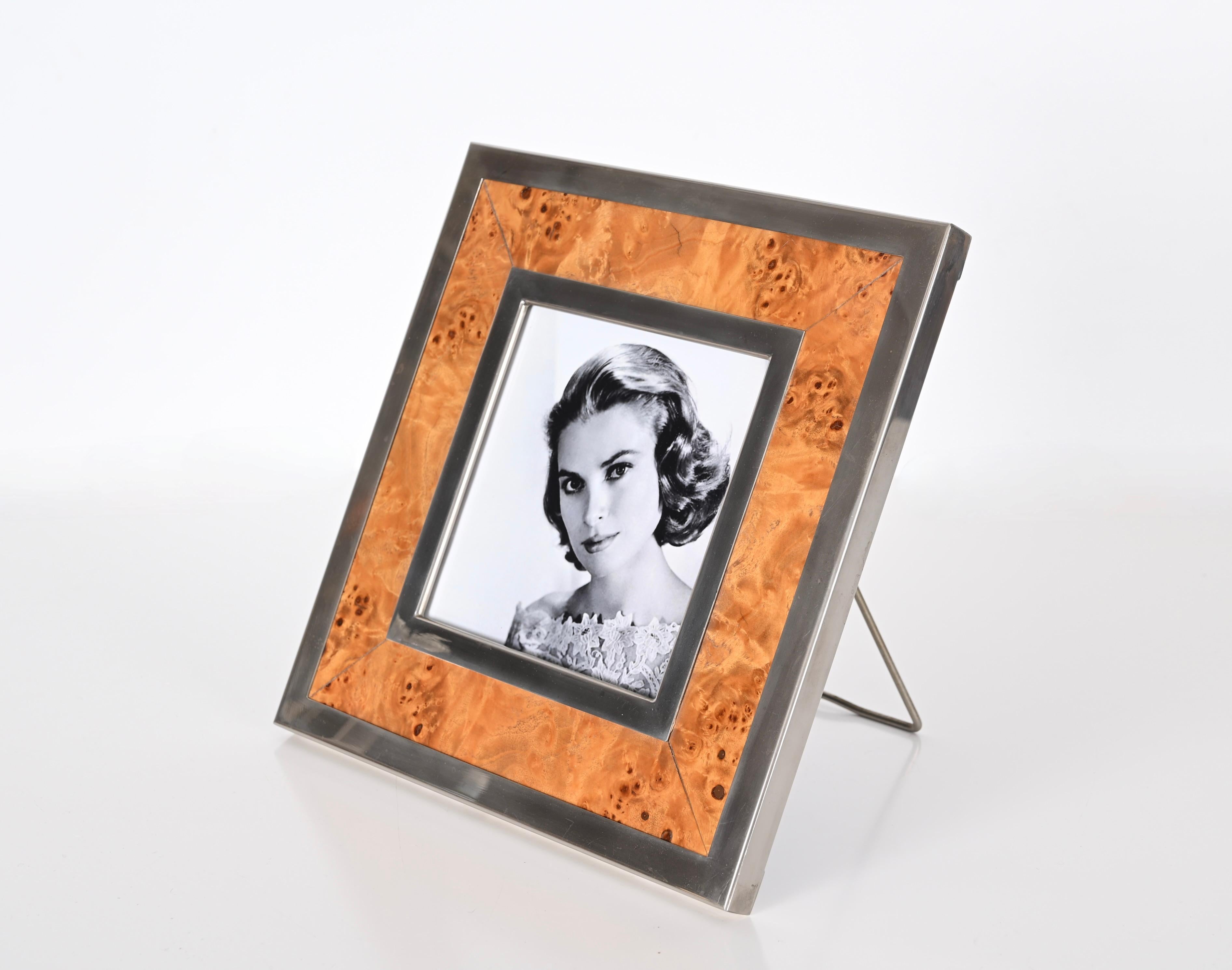 Midcentury Tommaso Barbi Burl and Chrome Square Picture Frame, Italy 1970s For Sale 3