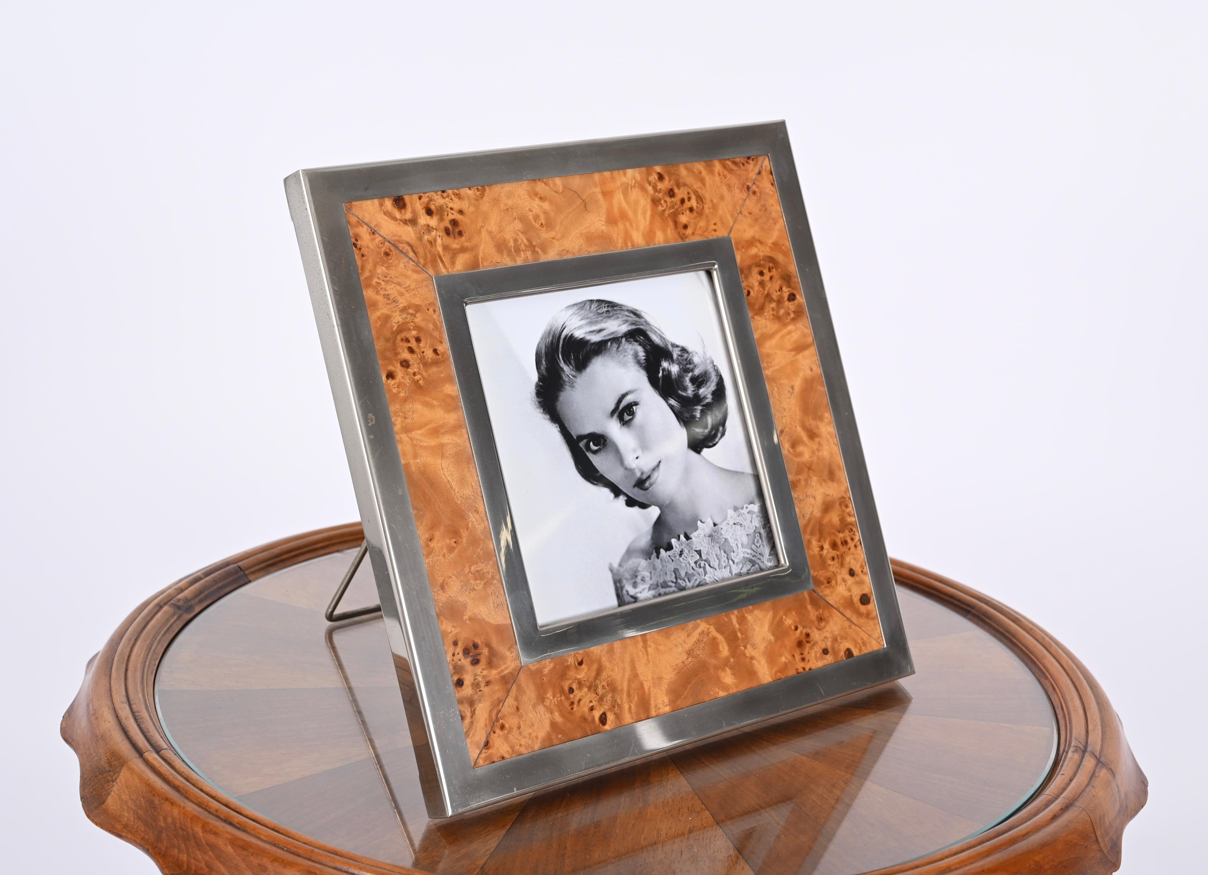Midcentury Tommaso Barbi Burl and Chrome Square Picture Frame, Italy 1970s For Sale 4