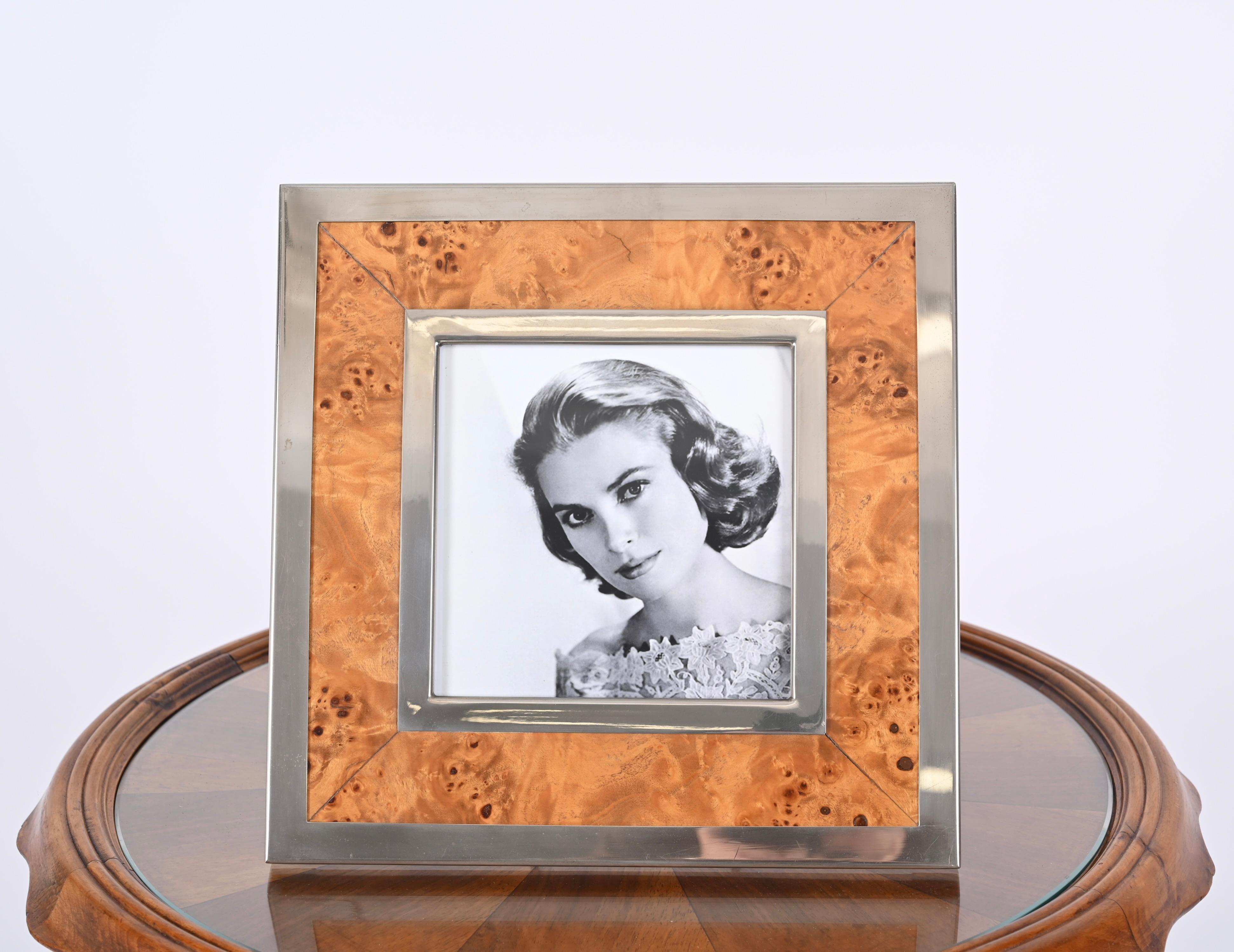 Midcentury Tommaso Barbi Burl and Chrome Square Picture Frame, Italy 1970s For Sale 5