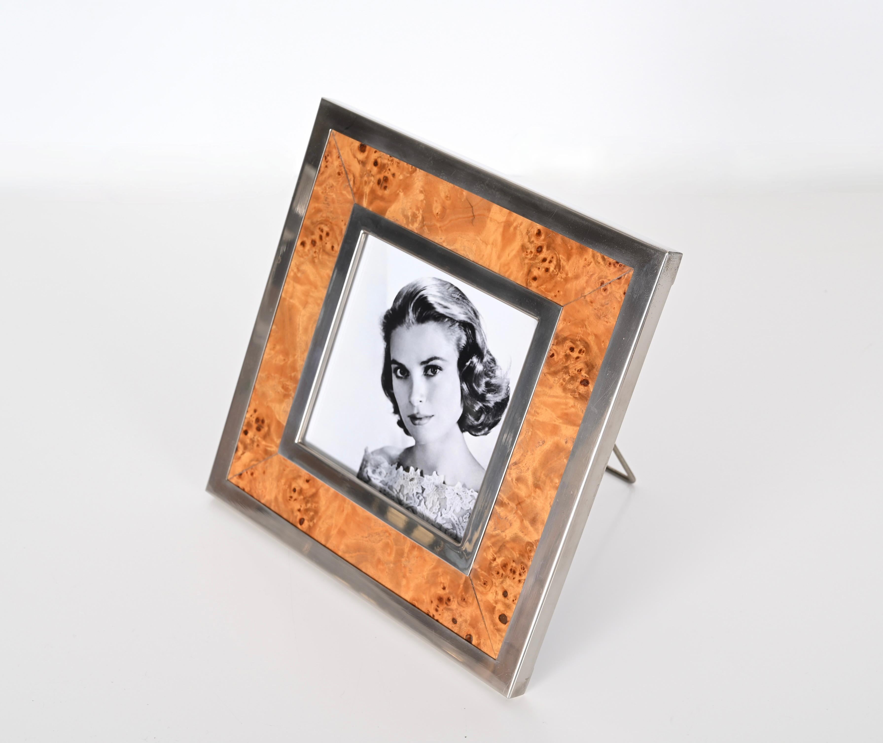 Midcentury Tommaso Barbi Burl and Chrome Square Picture Frame, Italy 1970s For Sale 6