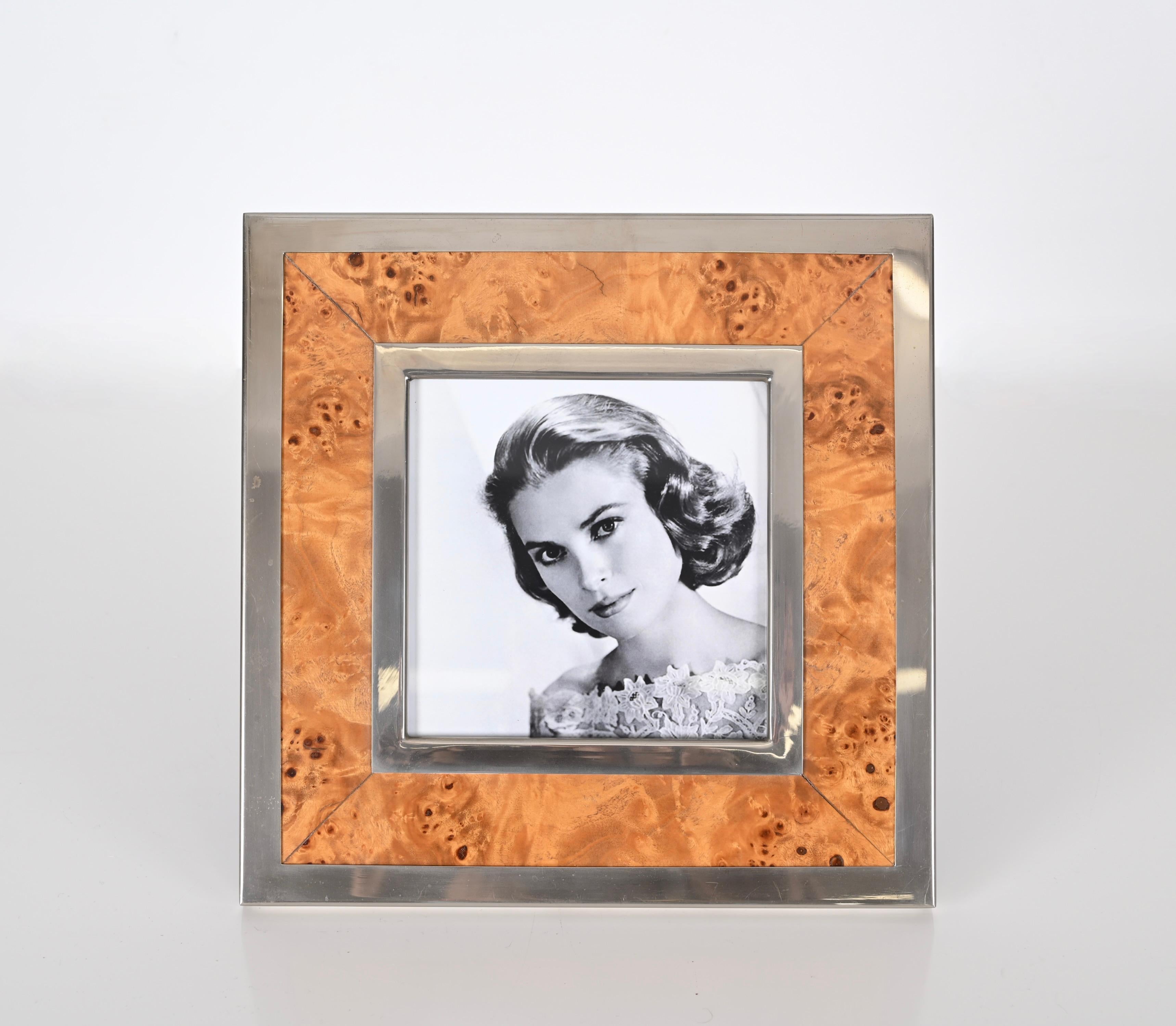 Midcentury Tommaso Barbi Burl and Chrome Square Picture Frame, Italy 1970s For Sale 7