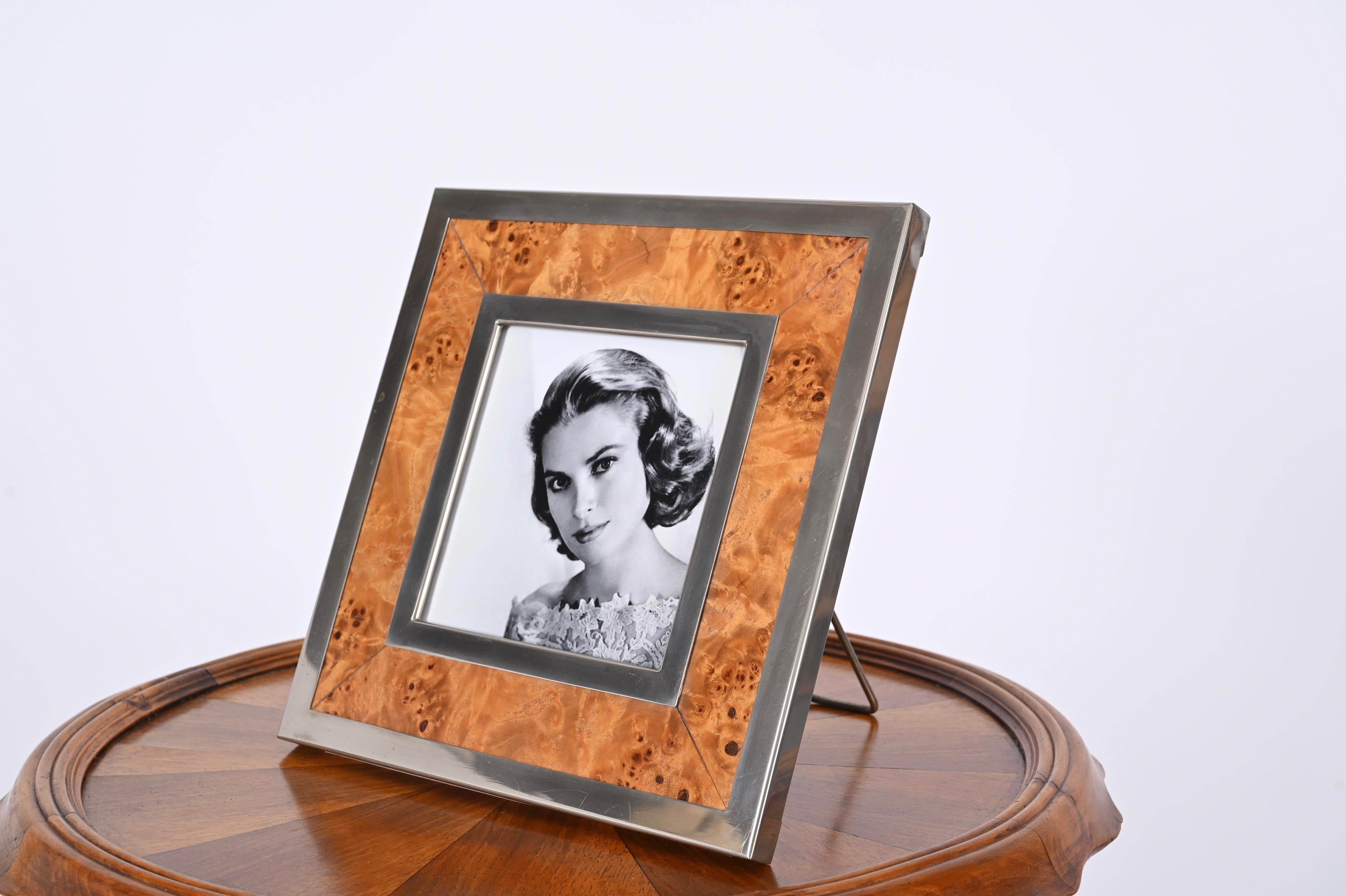 Mid-Century Modern Midcentury Tommaso Barbi Burl and Chrome Square Picture Frame, Italy 1970s For Sale